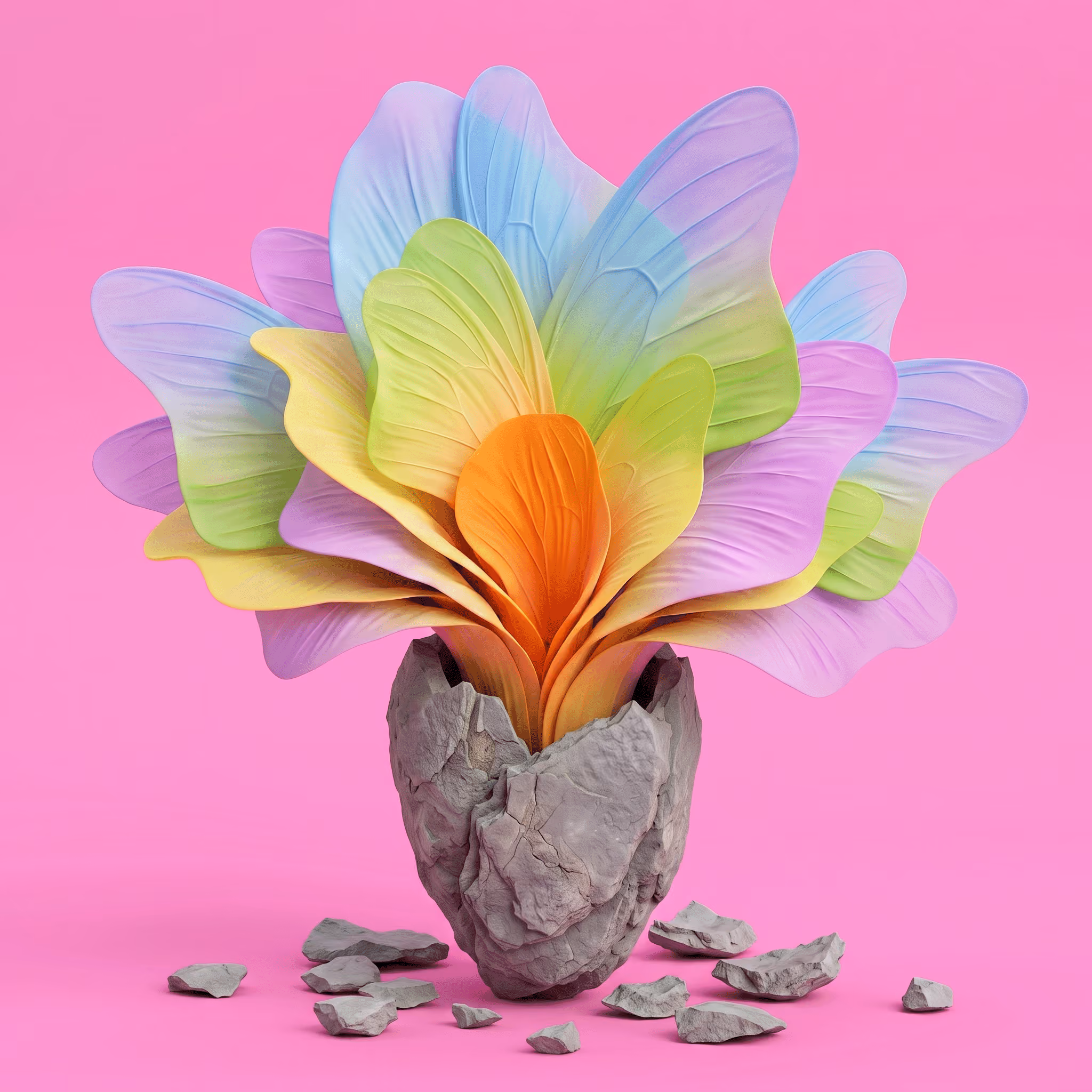Vibrant multi-colored petals blooming from a cracked stone cocoon on a solid pink background