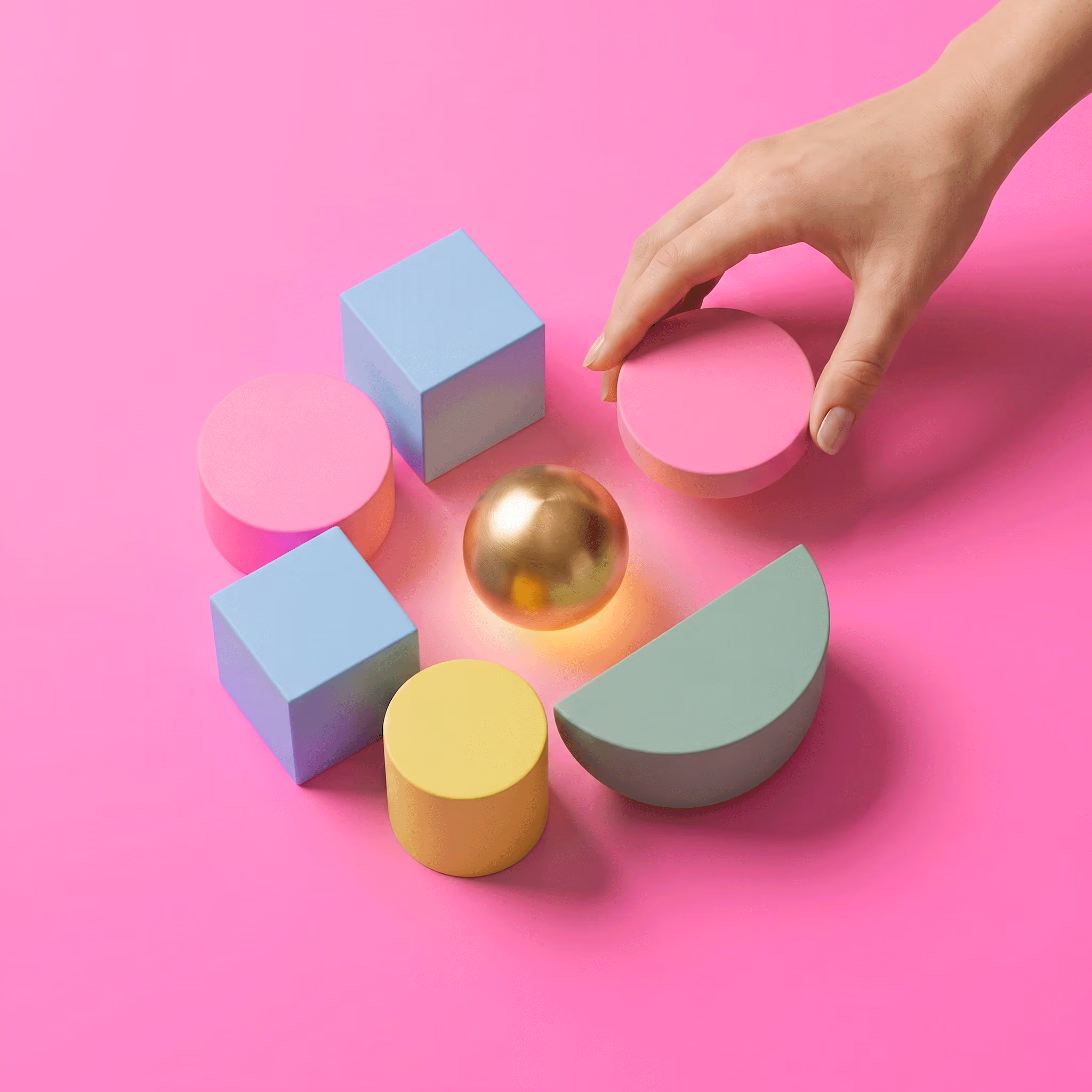 Hand arranging colorful pastel geometric blocks in a circle around a glowing golden sphere on a bright pink background