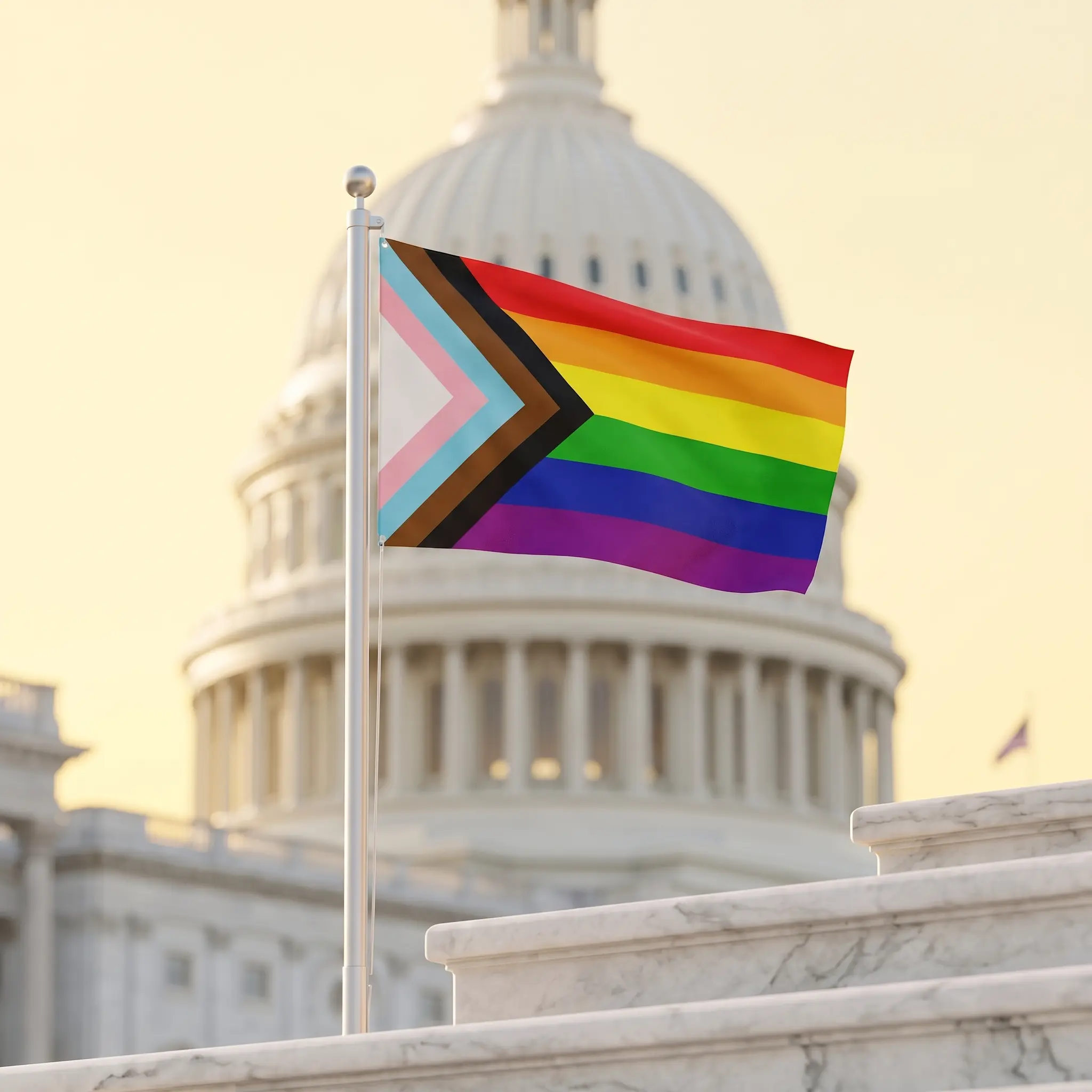 Progress Pride flag flying in front of the US Capitol building in Washington, D.C.
