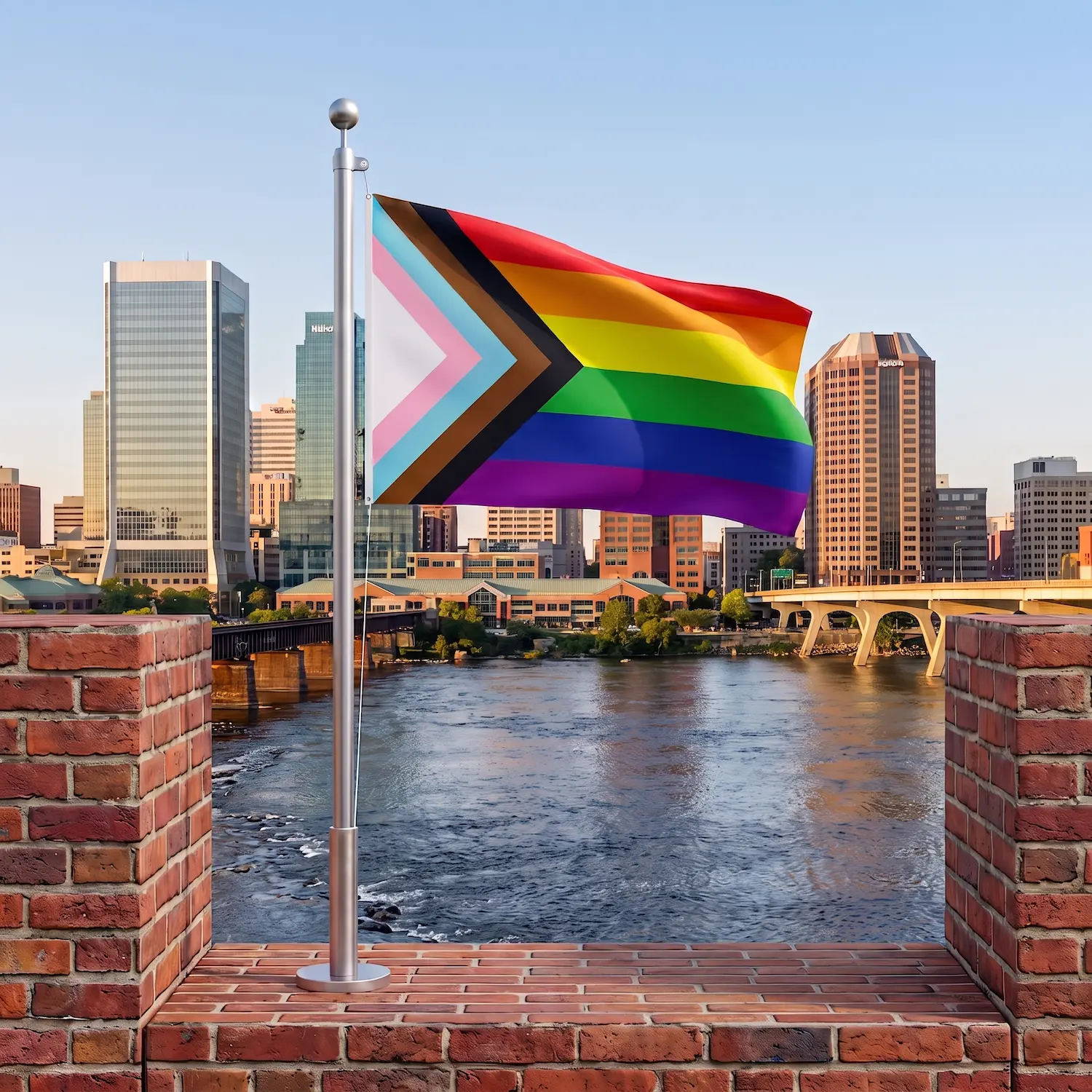 Progress Pride flag flying in front of the Richmond, Virginia skyline and river.
