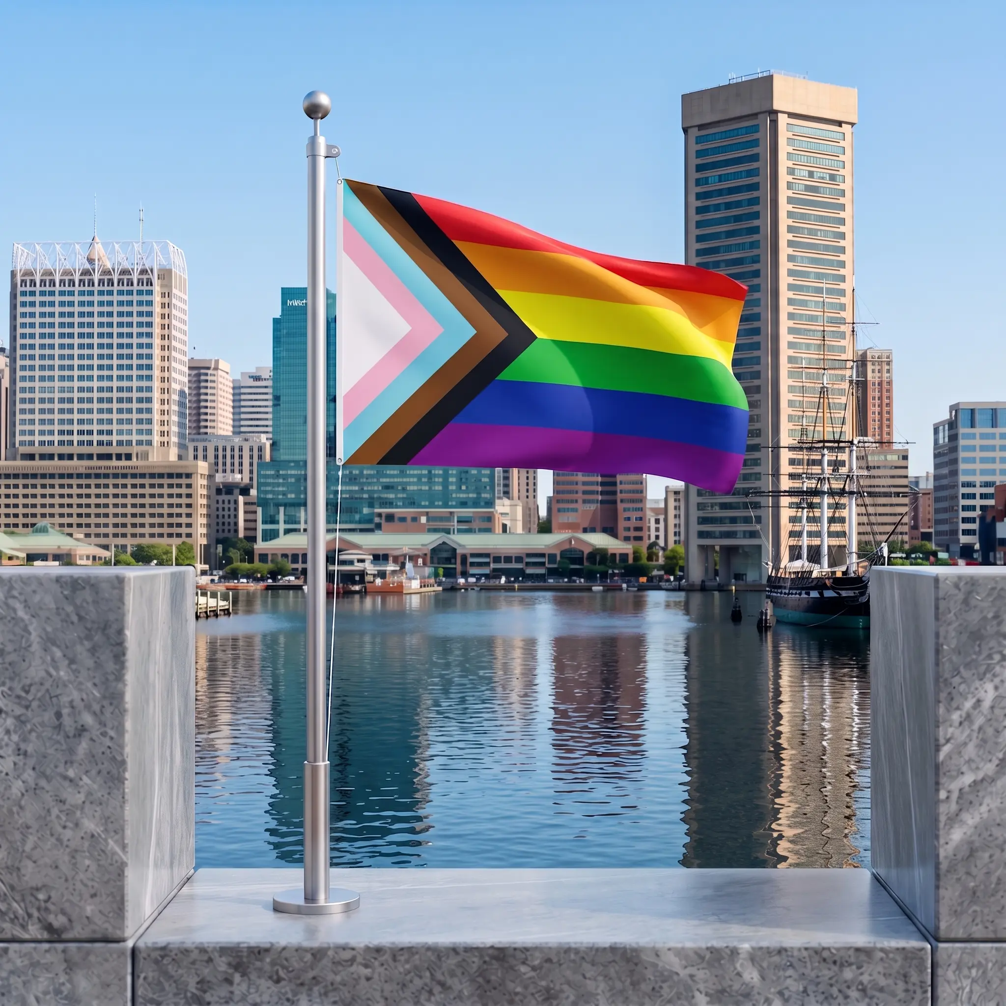 Progress Pride flag flying in front of the Baltimore, Maryland skyline and harbor.