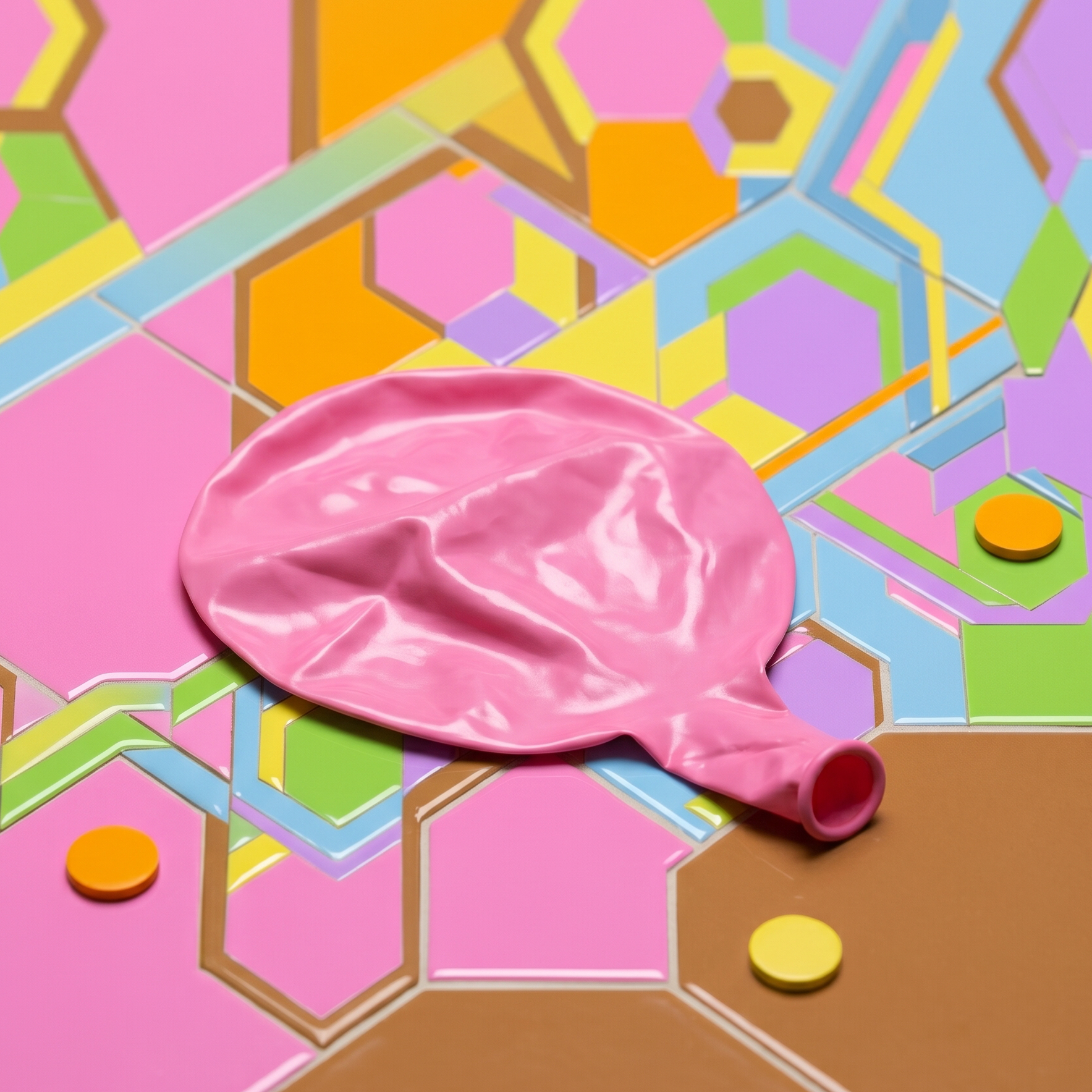 Deflated pink balloon resting on a colorful geometric tile background
