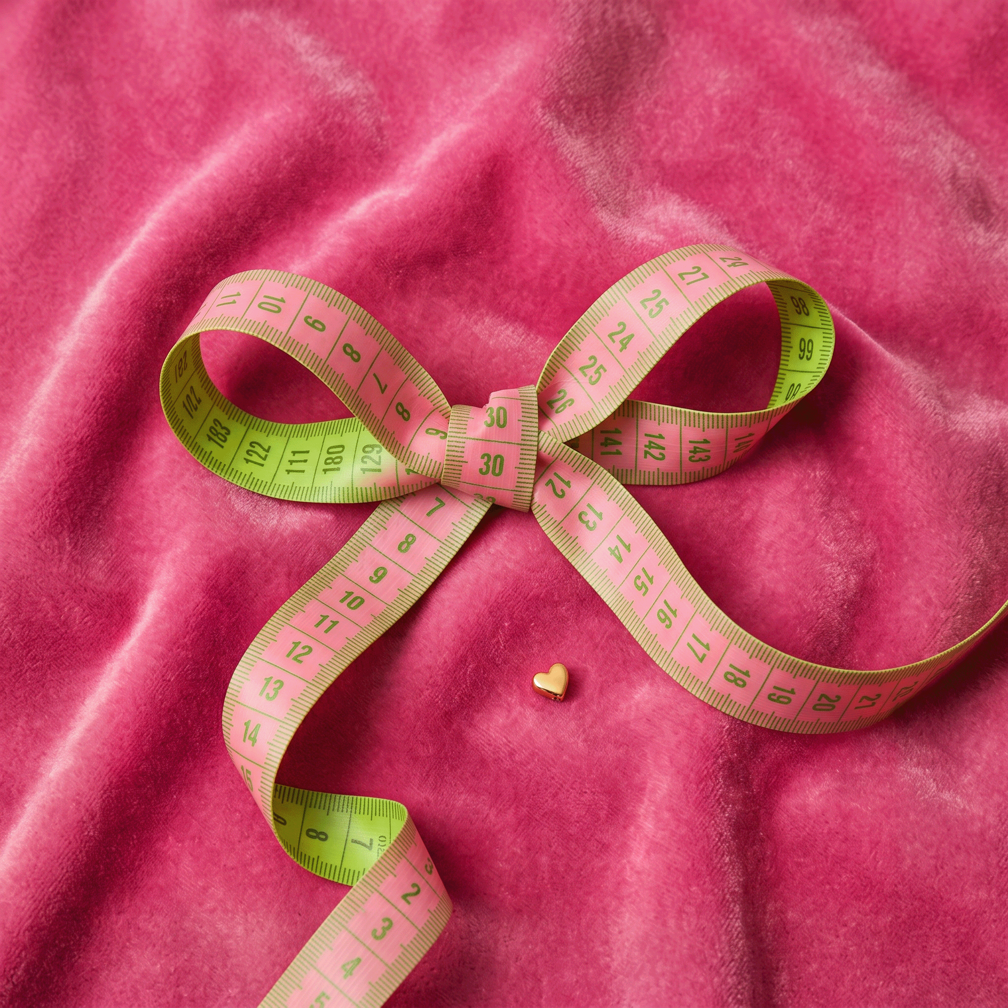 Pink measuring tape tied into a bow on pink velvet fabric, with a small gold heart charm