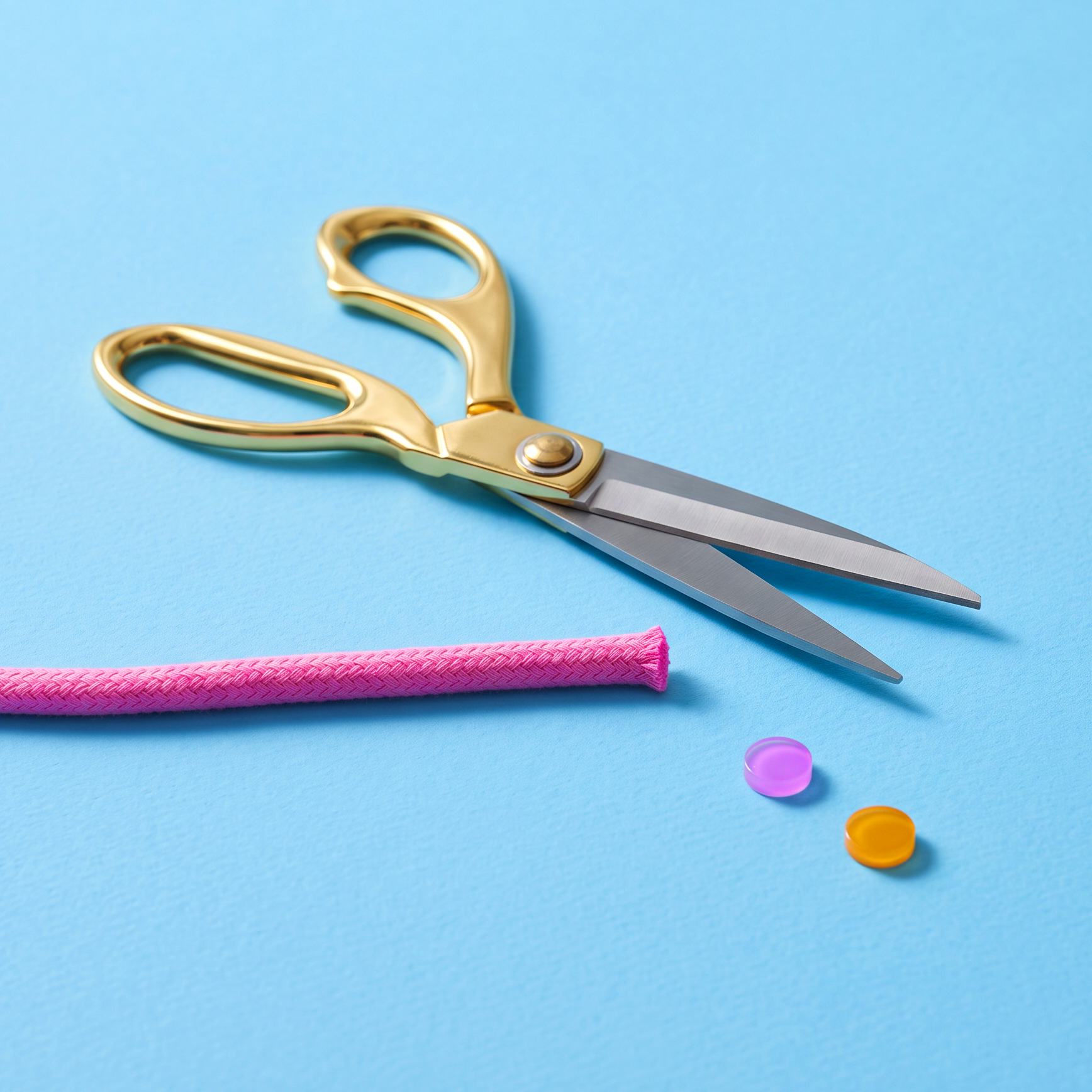 Gold scissors cutting a pink braided cord on a blue background