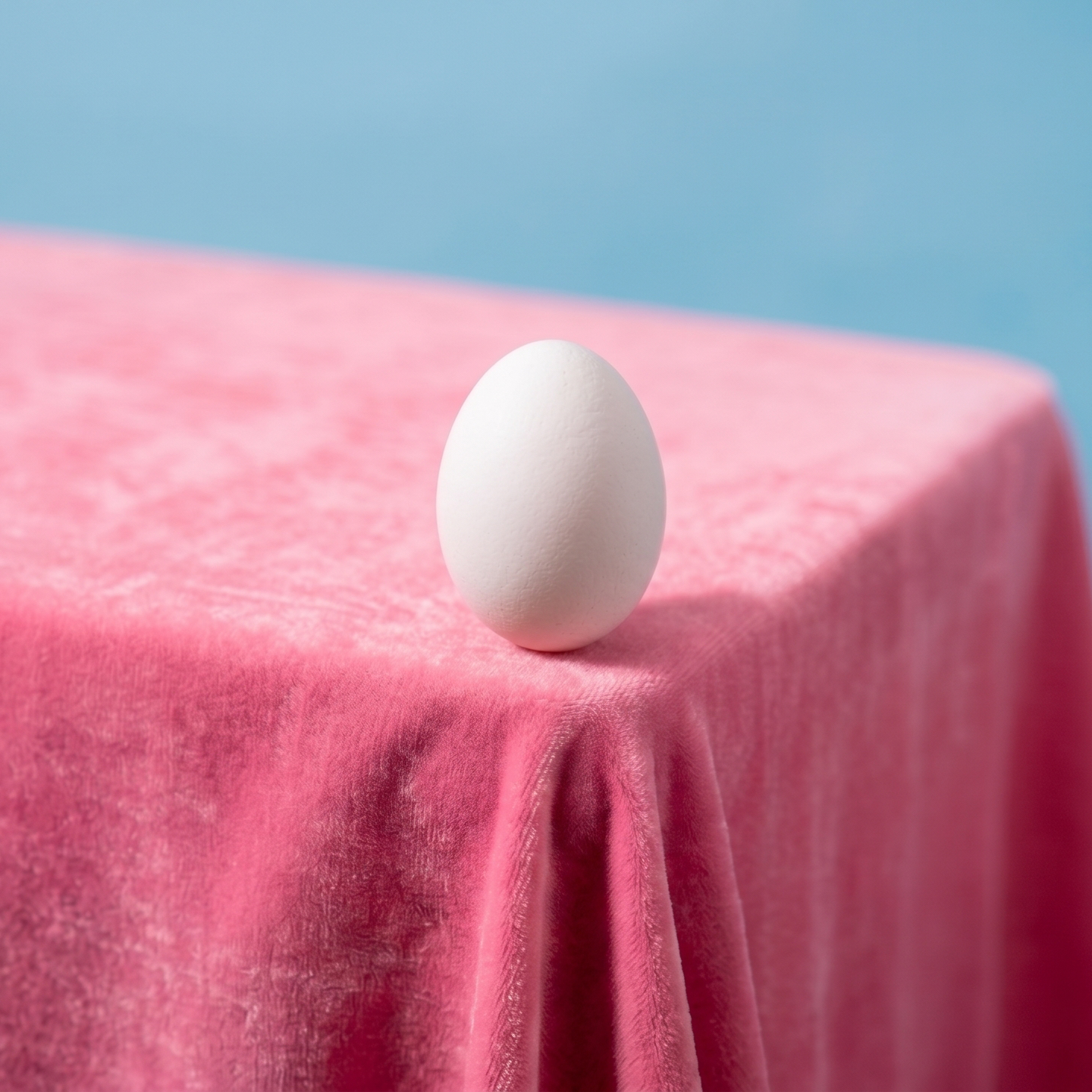 A single white egg balanced on the edge of a pink velvet-draped table against a blue background