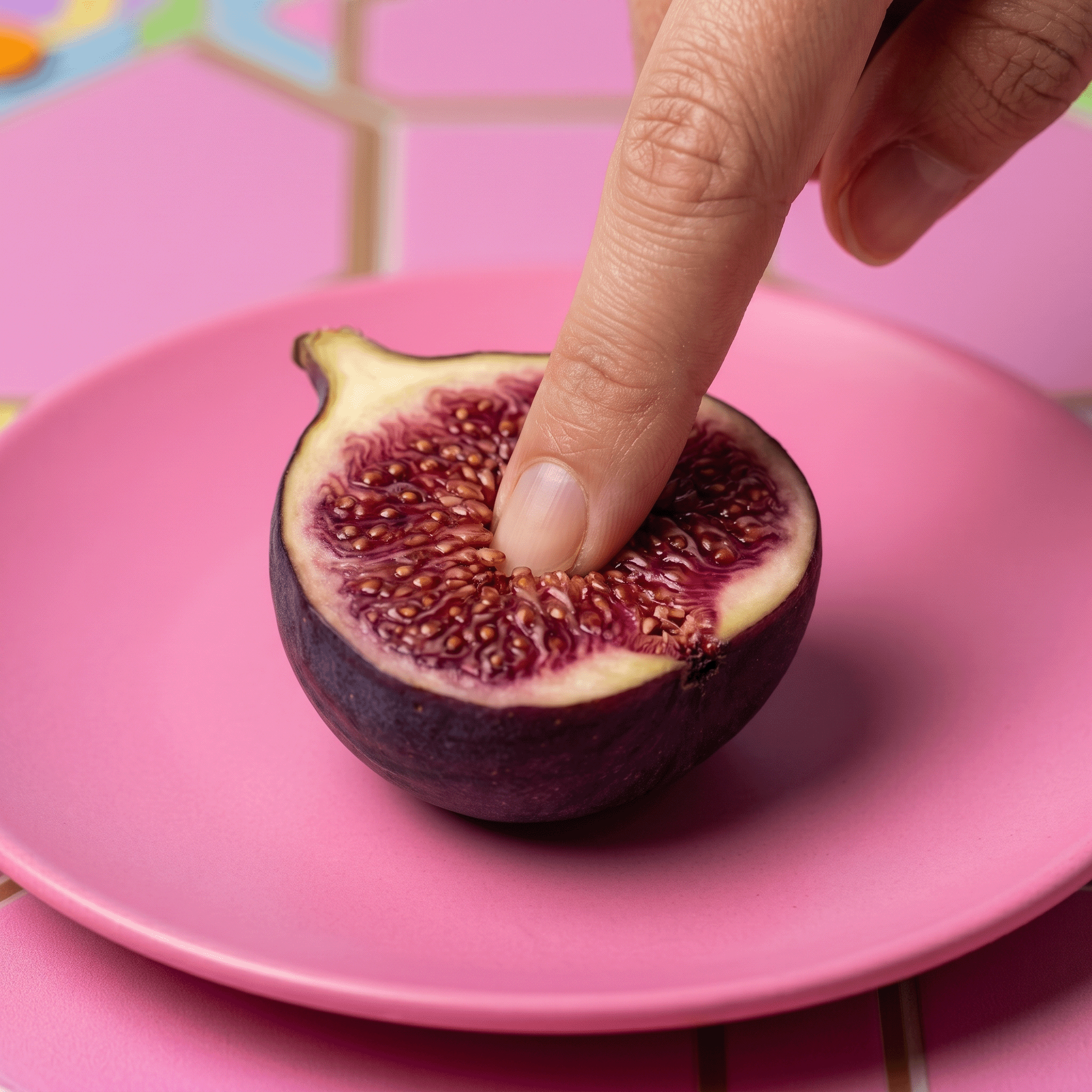 Finger pressing into the open red center of a halved fig on a pink plate