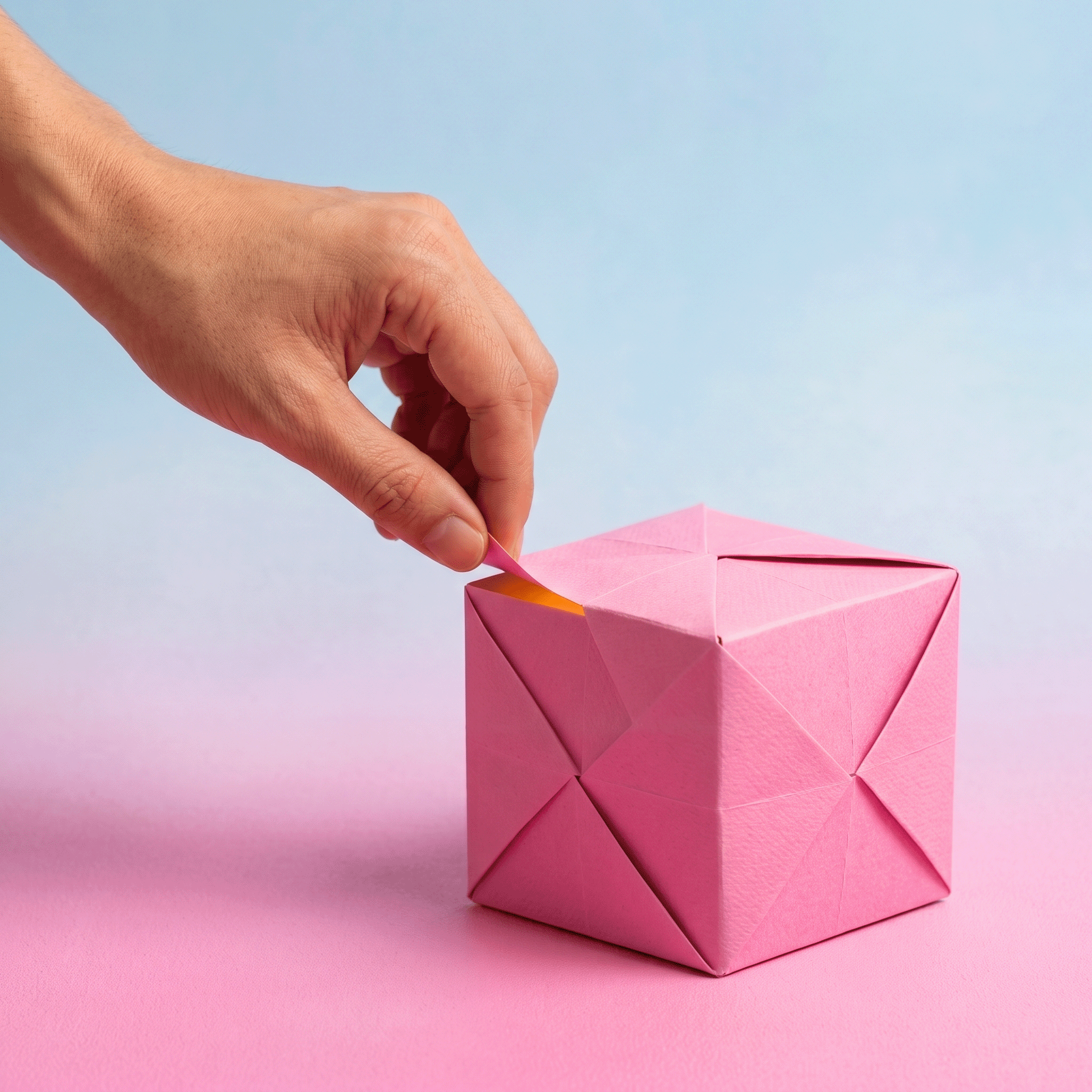 A hand peeling open the folded flap of a pink origami cube