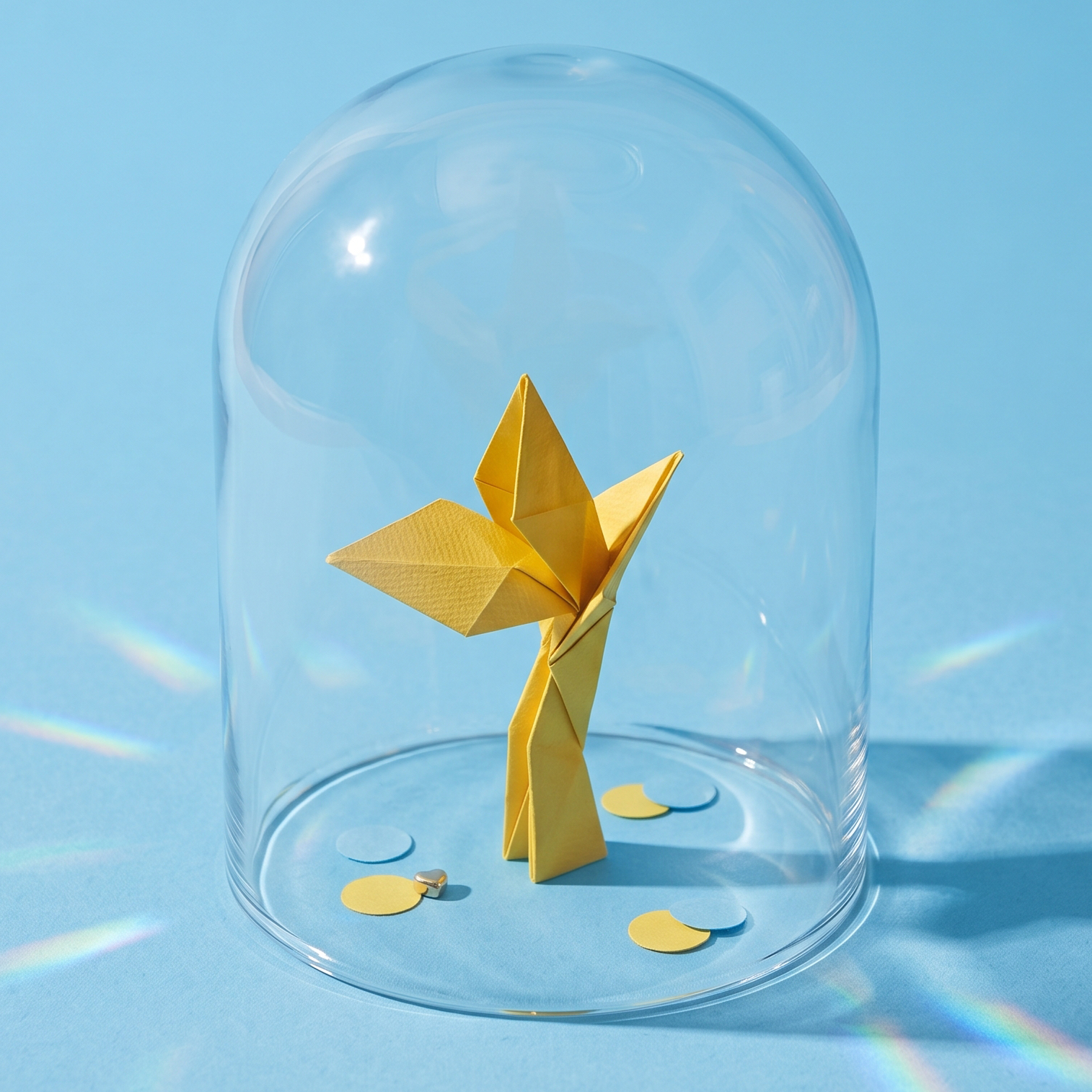 A yellow origami bird standing under a glass display dome