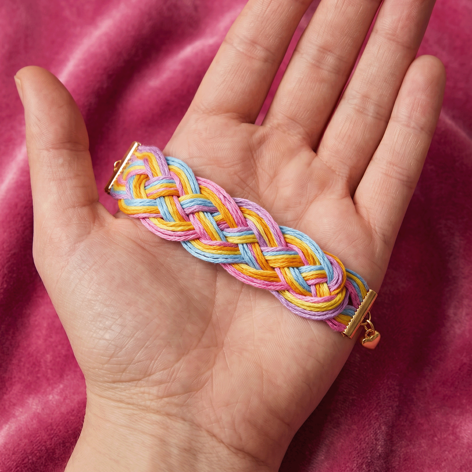 A multicolored braided friendship bracelet resting in an open palm