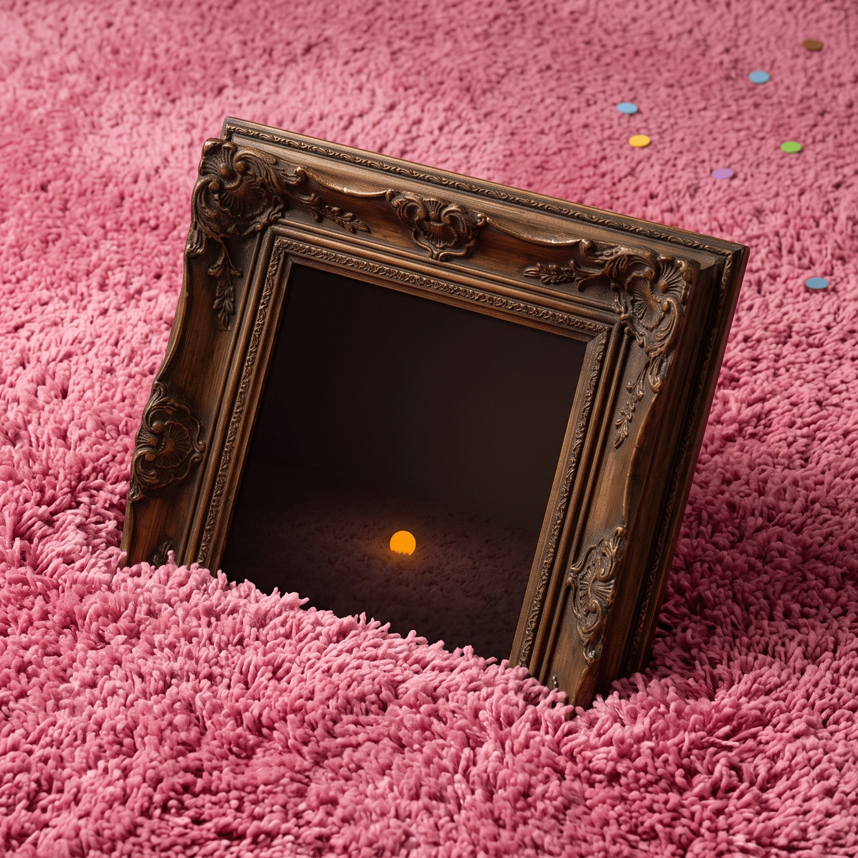 An ornate empty picture frame sinking into pink shag carpet, with a small glowing light inside