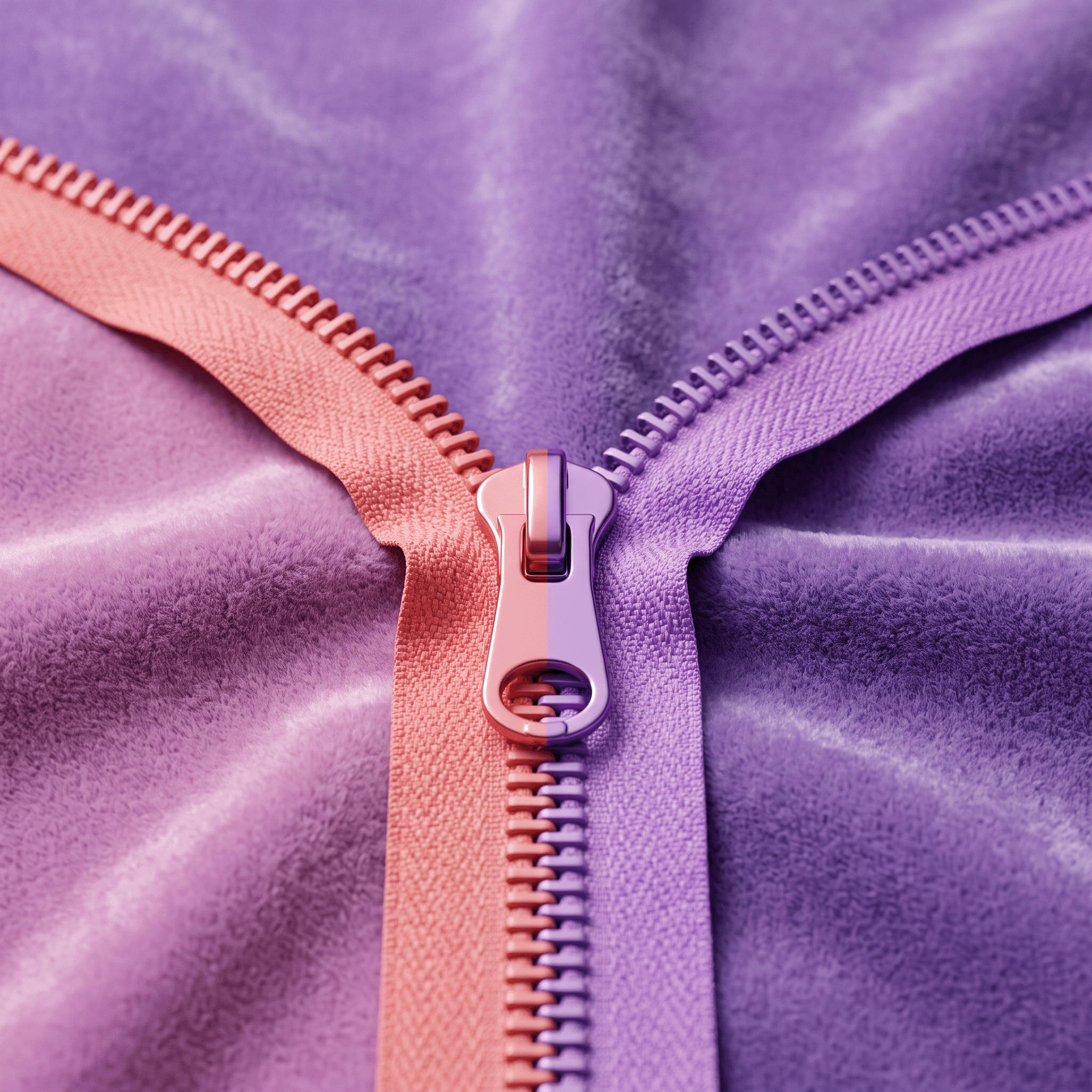 Close-up of a two-tone coral and purple zipper on plush fabric