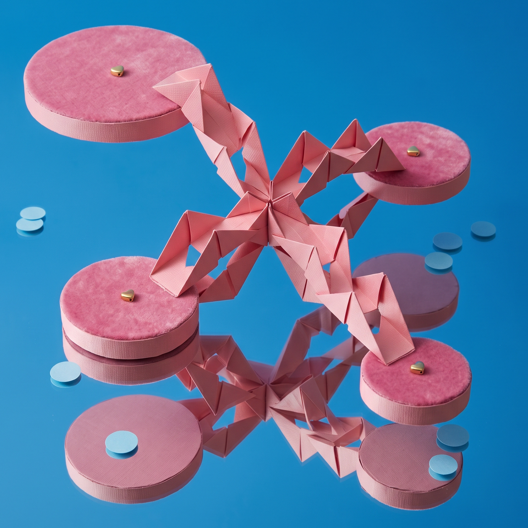 Pink origami threads connecting several floating pink velvet coasters, mirrored on a glossy blue surface
