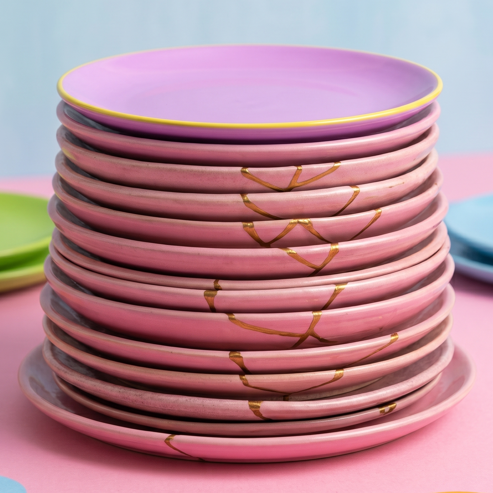 A tall stack of pink plates connected by a gold crack running down the side, with one purple plate on top