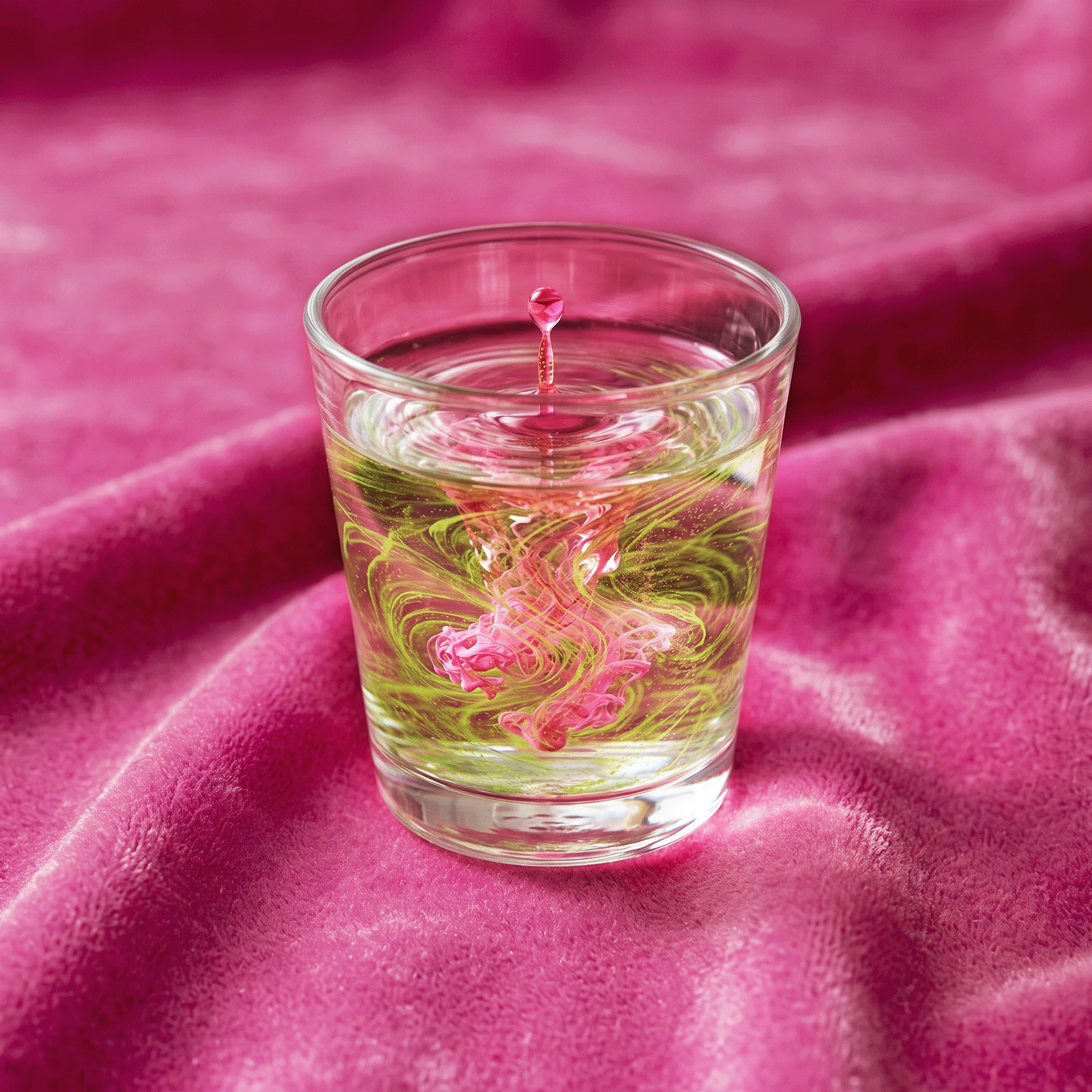 A drop falling into a glass of water swirled with pink and green color