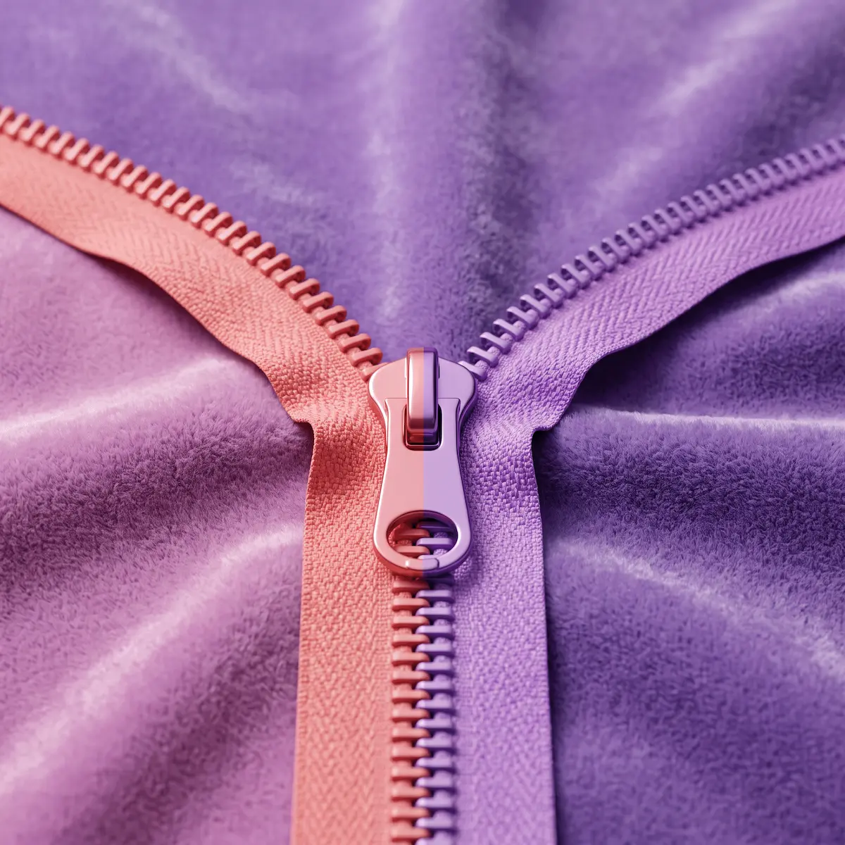 Close-up of a two-tone coral and purple zipper on plush fabric