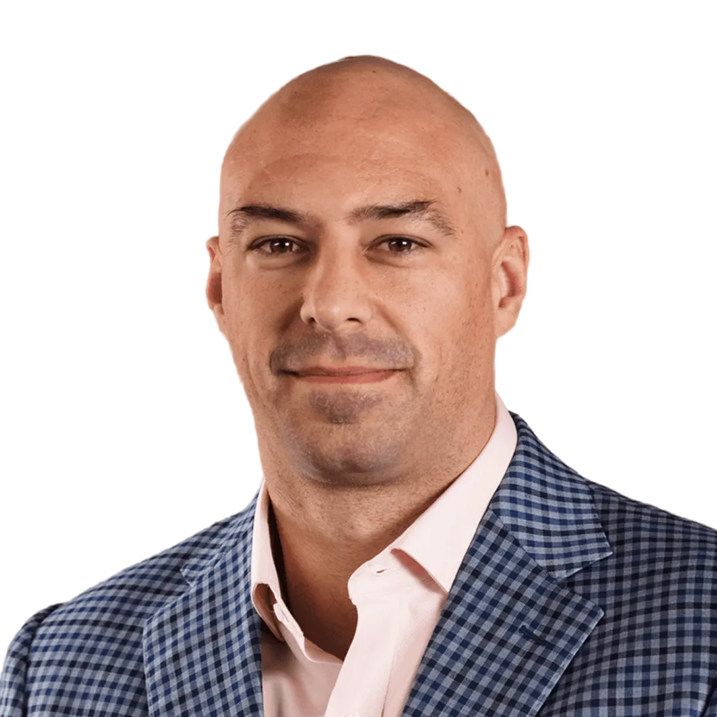 Bald man wearing a blue checkered blazer and a light pink shirt against a white background.