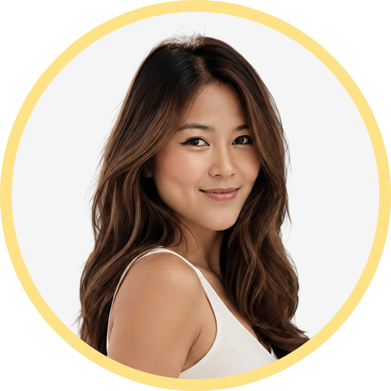 Smiling woman with long wavy brown hair wearing a white tank top against white background.