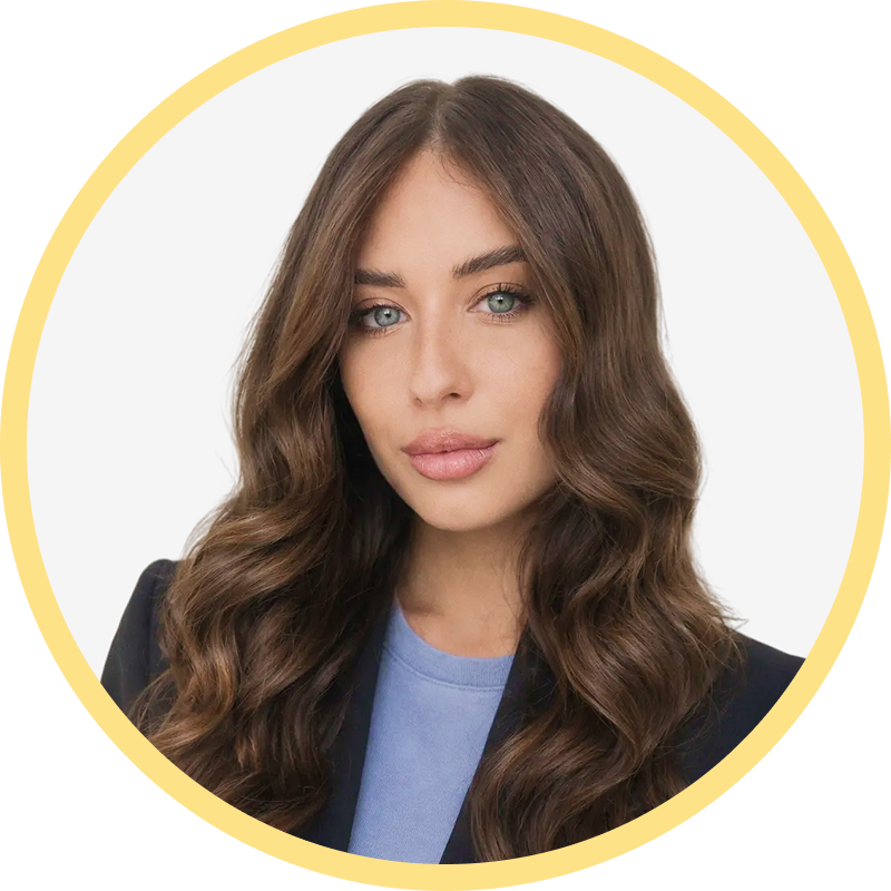 Portrait of a woman with long wavy brown hair, blue eyes, wearing a black blazer and blue shirt.