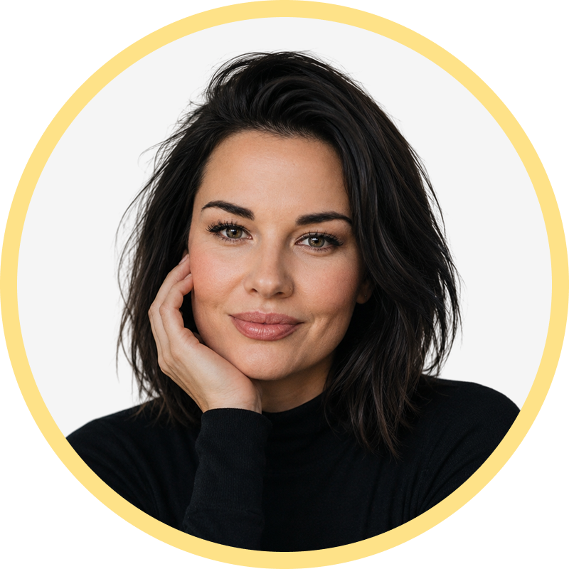 Portrait of a woman with dark hair, resting her face on her hand, wearing a black top.