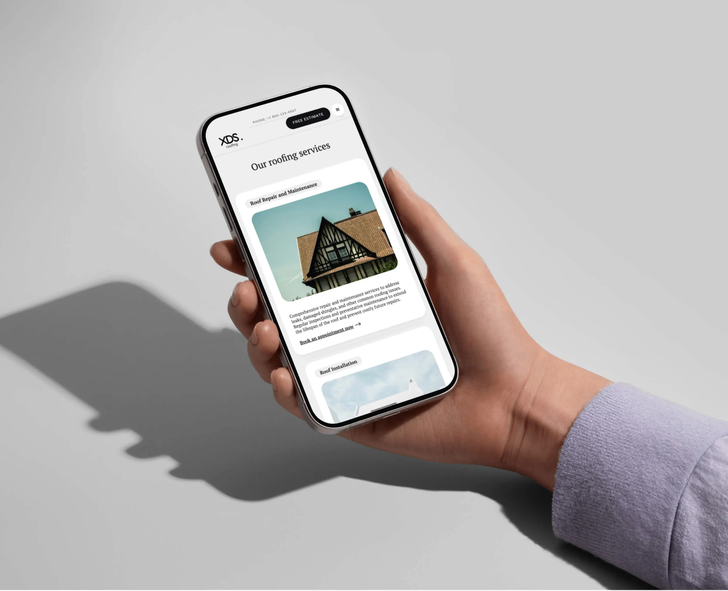 Mobile view of the site's service section showcasing a list of roofing services with short descriptions and icons for each, providing clear service offerings.