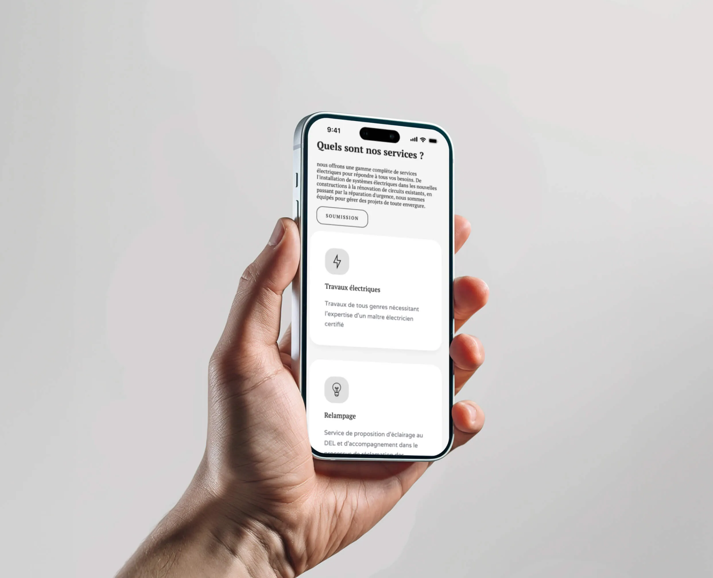 Mobile view of the site's service section listing electrical services with icons and descriptions, making it easy for users to understand available solutions.