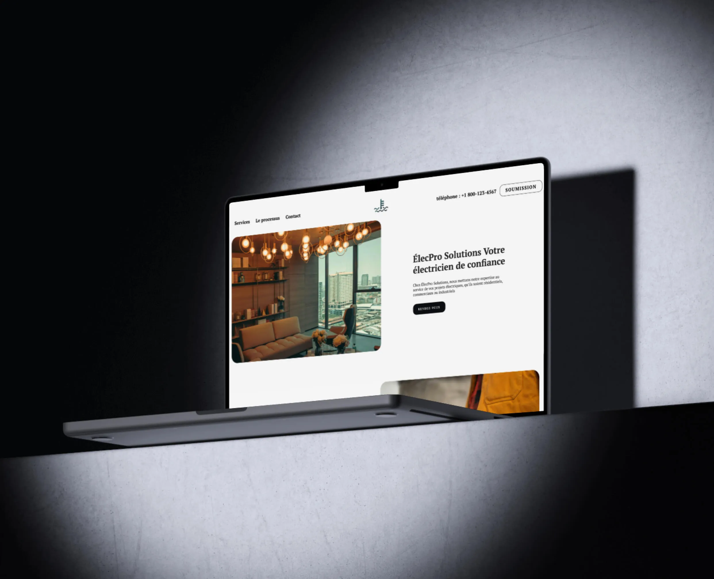 Laptop view of the about page  of te website featuring a brief mission statement, and a photo of one of the electrician past work, focusing on expertise and customer commitment.