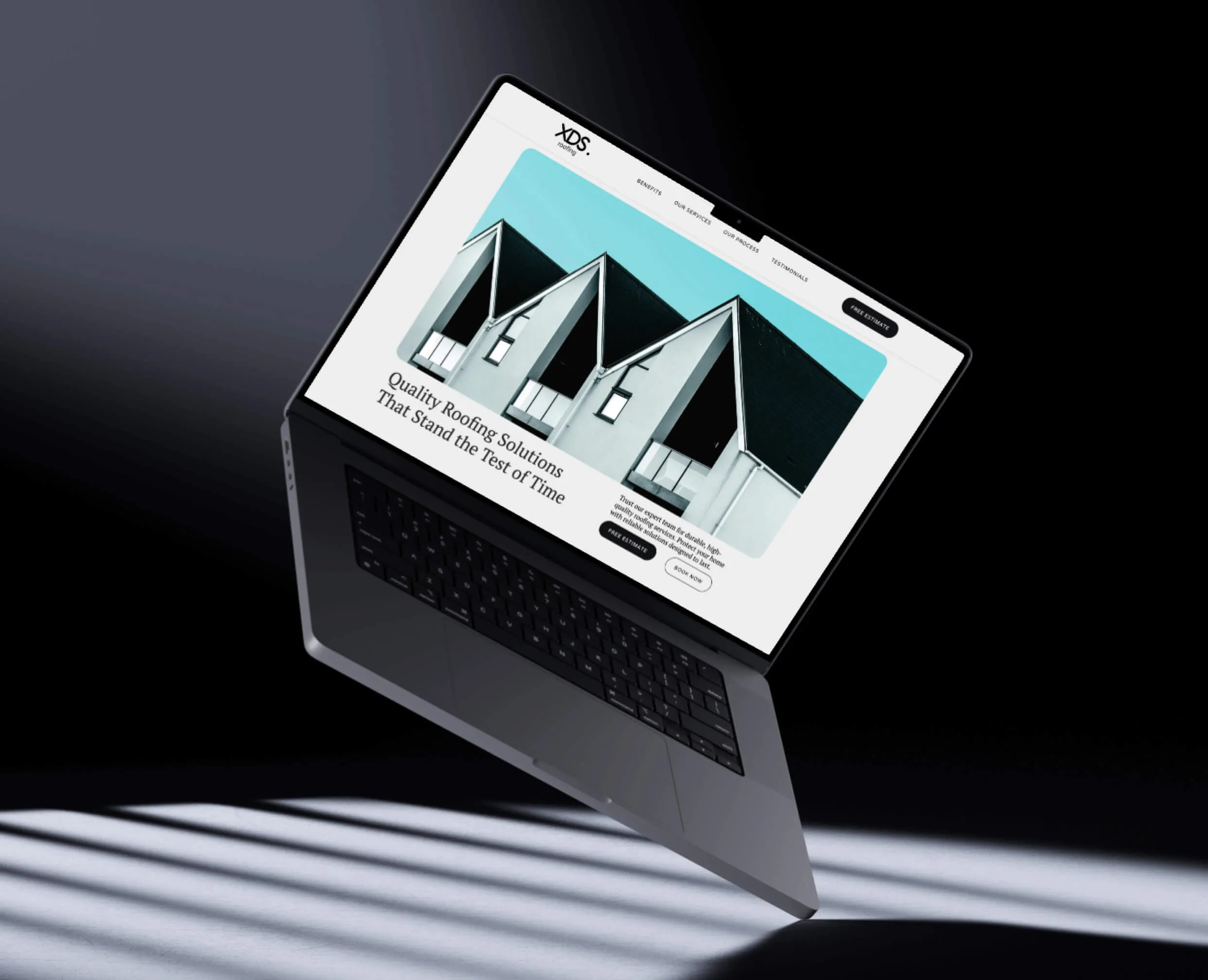 Laptop view of the roofing website's home section featuring a bold headline, company logo, and high-quality image of a completed roofing project.