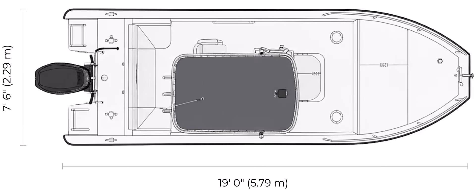Top view line drawing of a 19-foot boat with 7-foot 6-inch width, showing motor, central console with cover, seating, and storage compartments.
