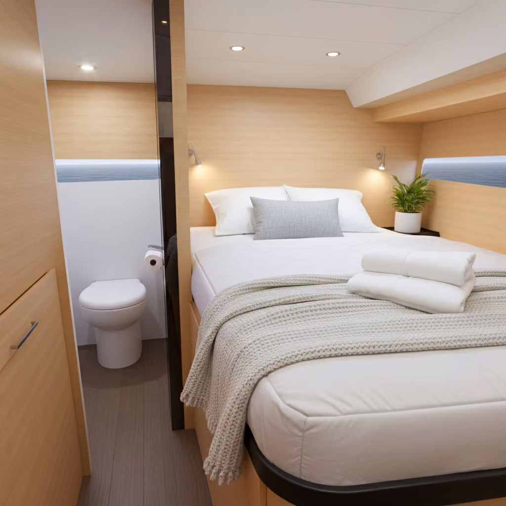Cozy wooden cabin bedroom with a neatly made bed, folded white towels, a small plant, and an adjacent compact bathroom with a toilet.