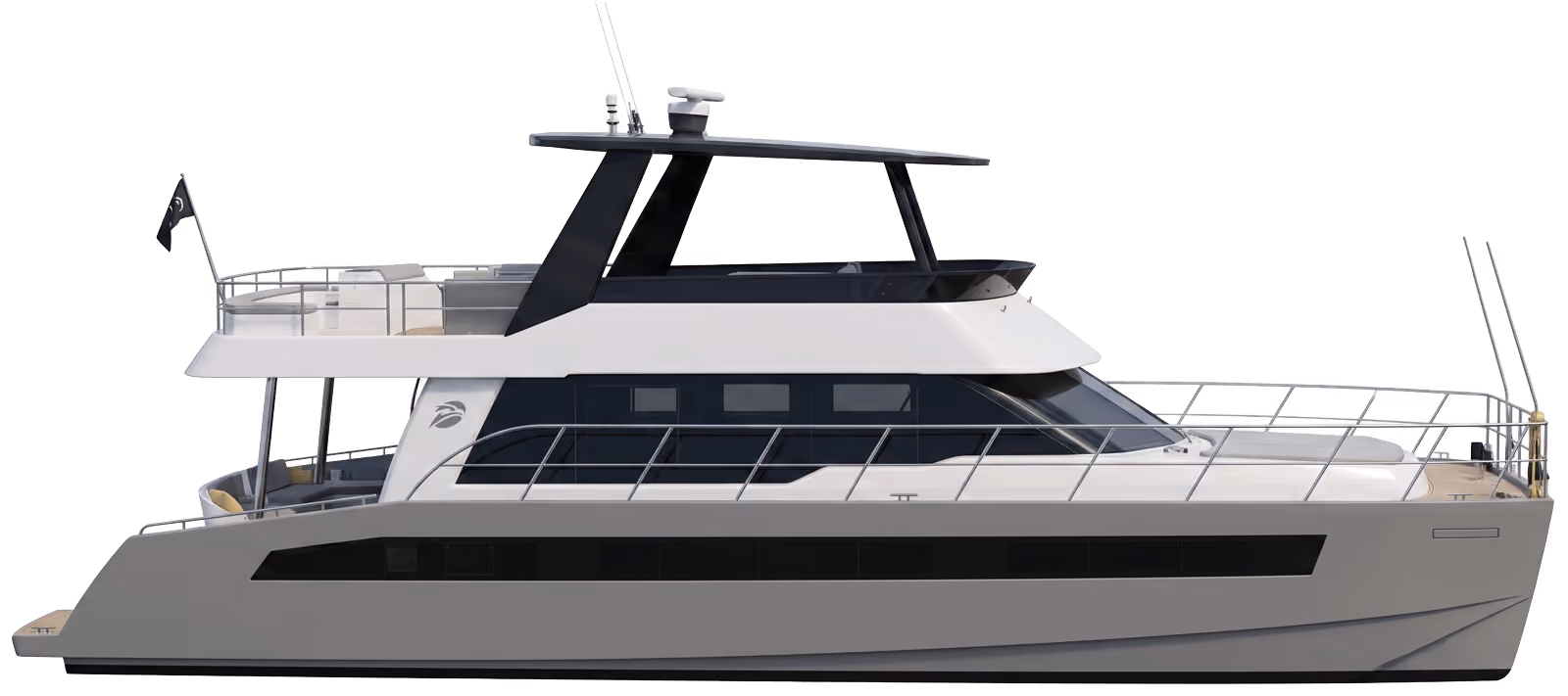 Modern luxury motor yacht with two decks, large windows, and outdoor seating areas.