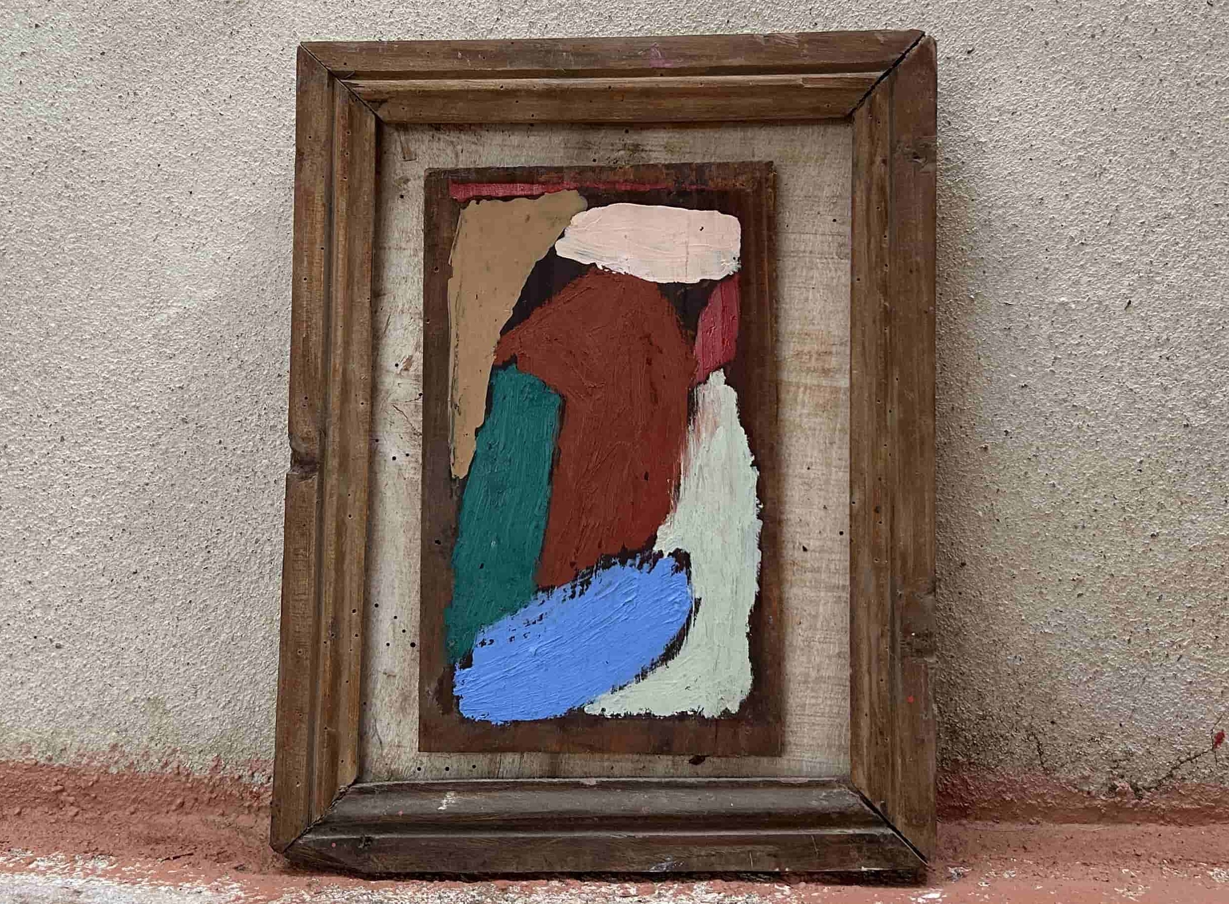 “Spring” oil stick on found wooden scraps and found antique wooden frame