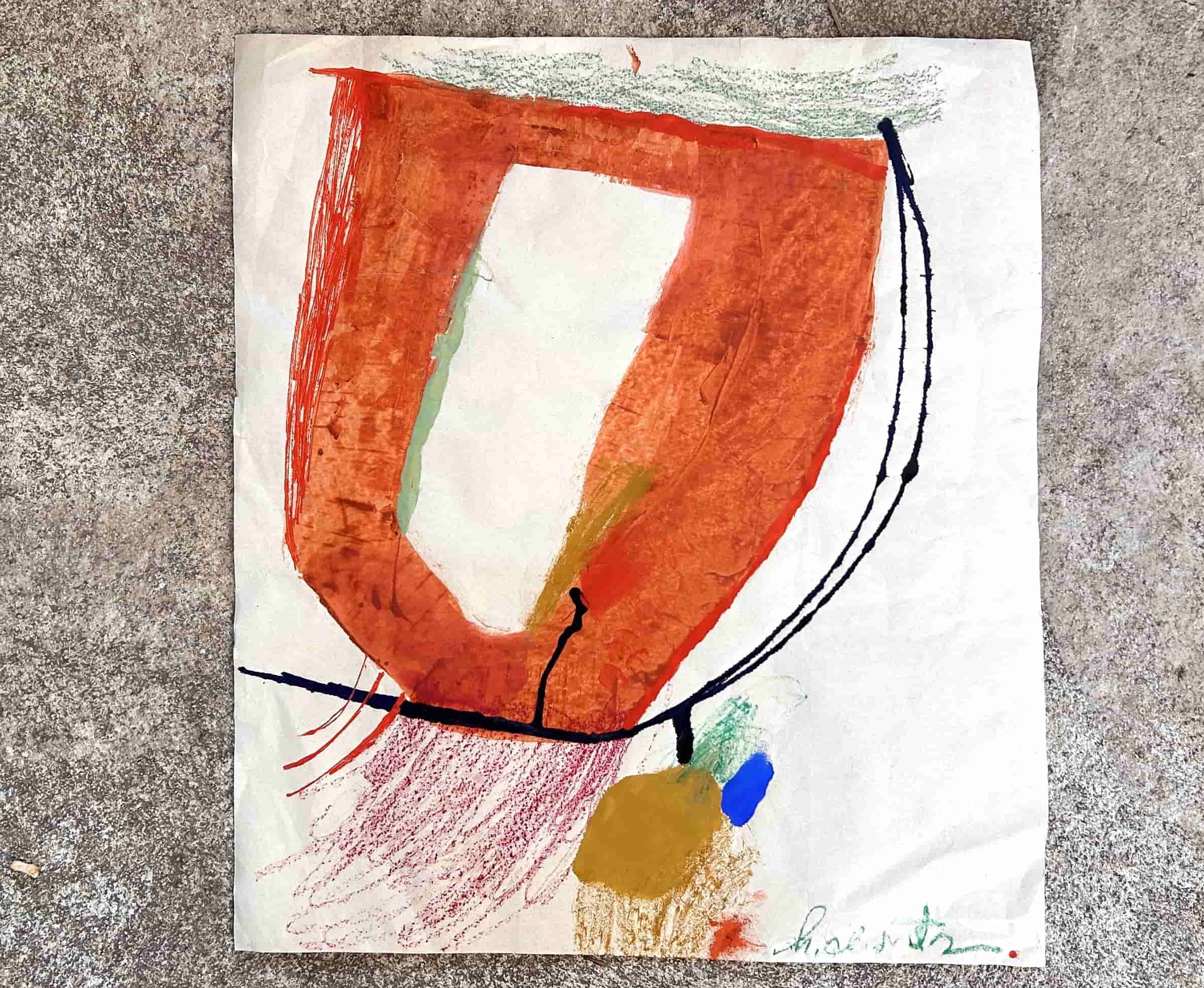 “Held” oil stick and pastel on antique book paper 55 x 70 cm 