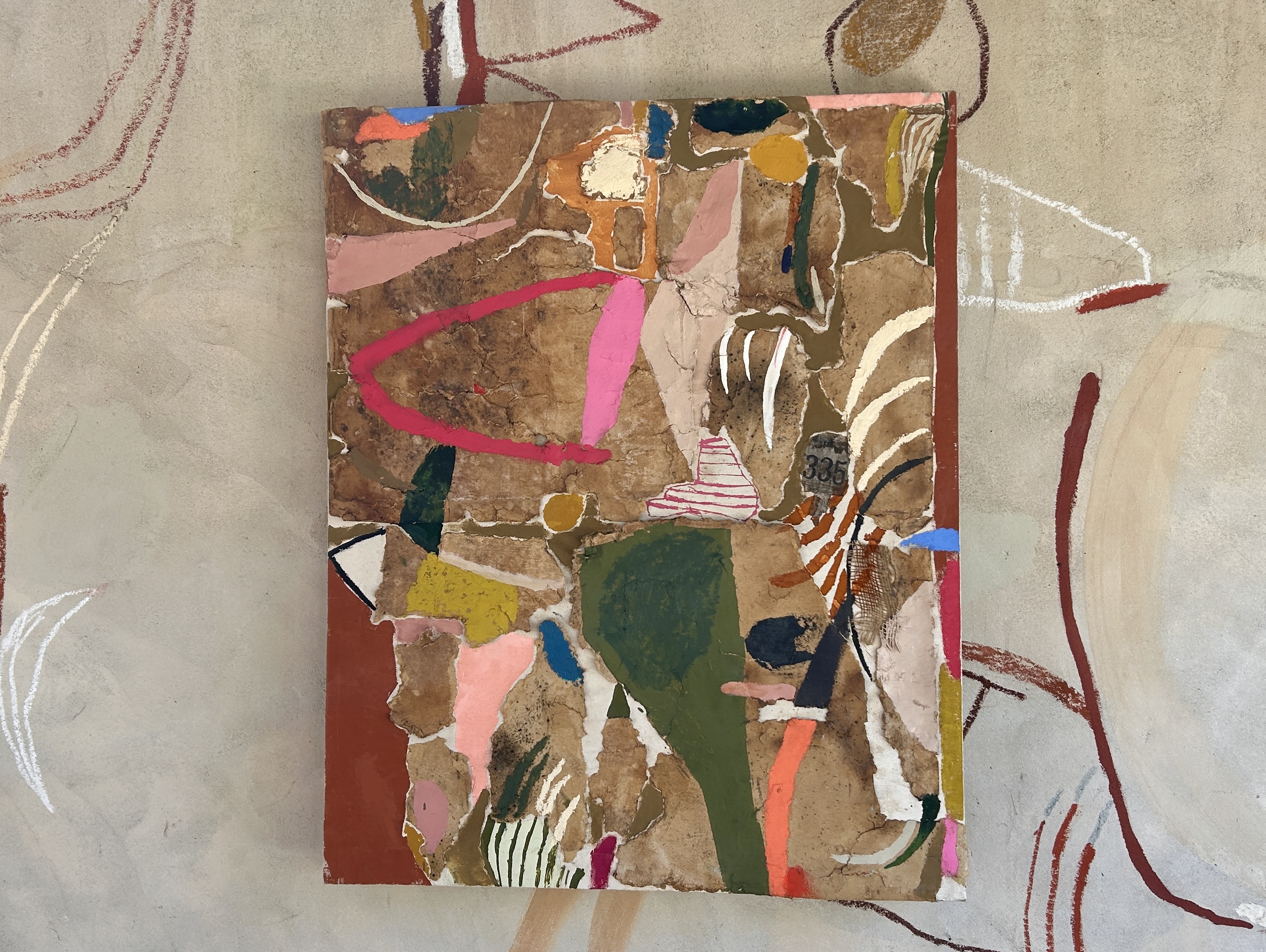 “Treasure map” ink and oil stick on antique paper 