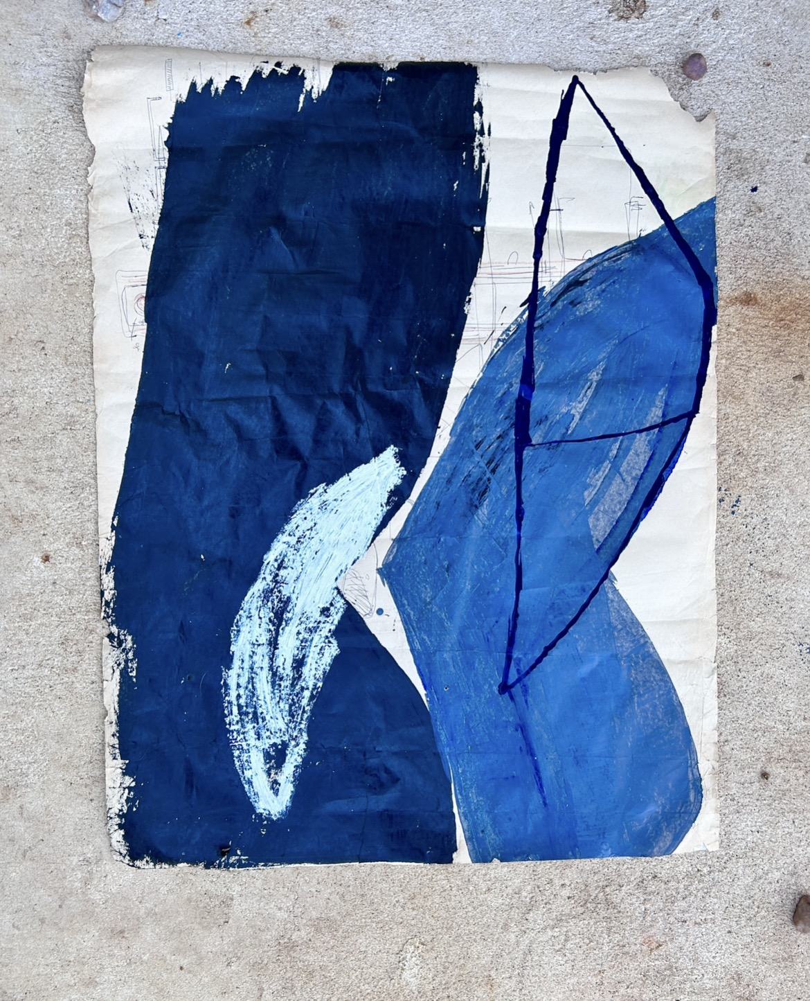 Blue words -  mixed media on antique book paper , 60 x 89 cm , Portugal 2025
