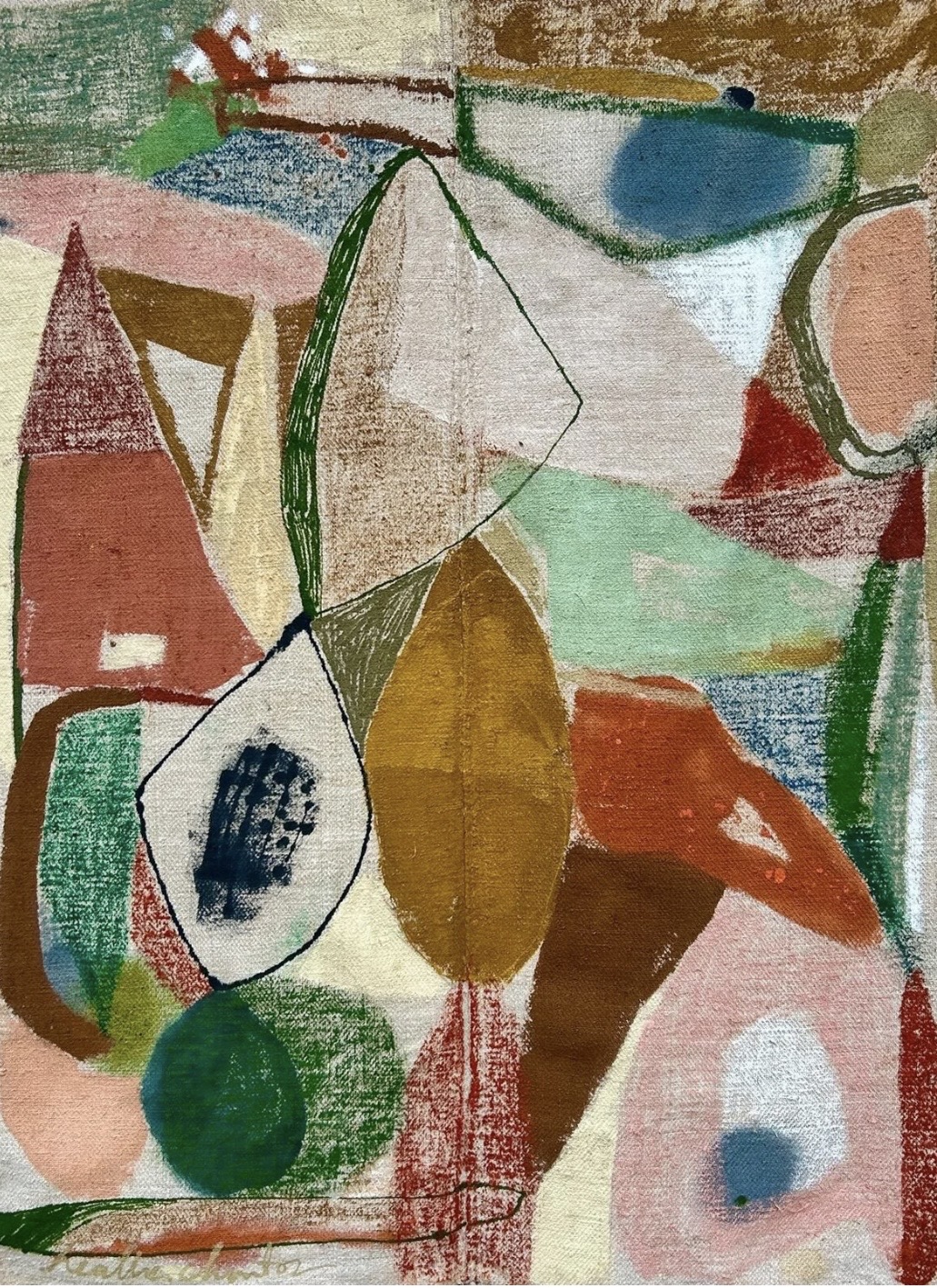 Liminal, 2026 - acrylic, oil, oil stick and ink on antique linen , 98 x 124 x 3 cm 
