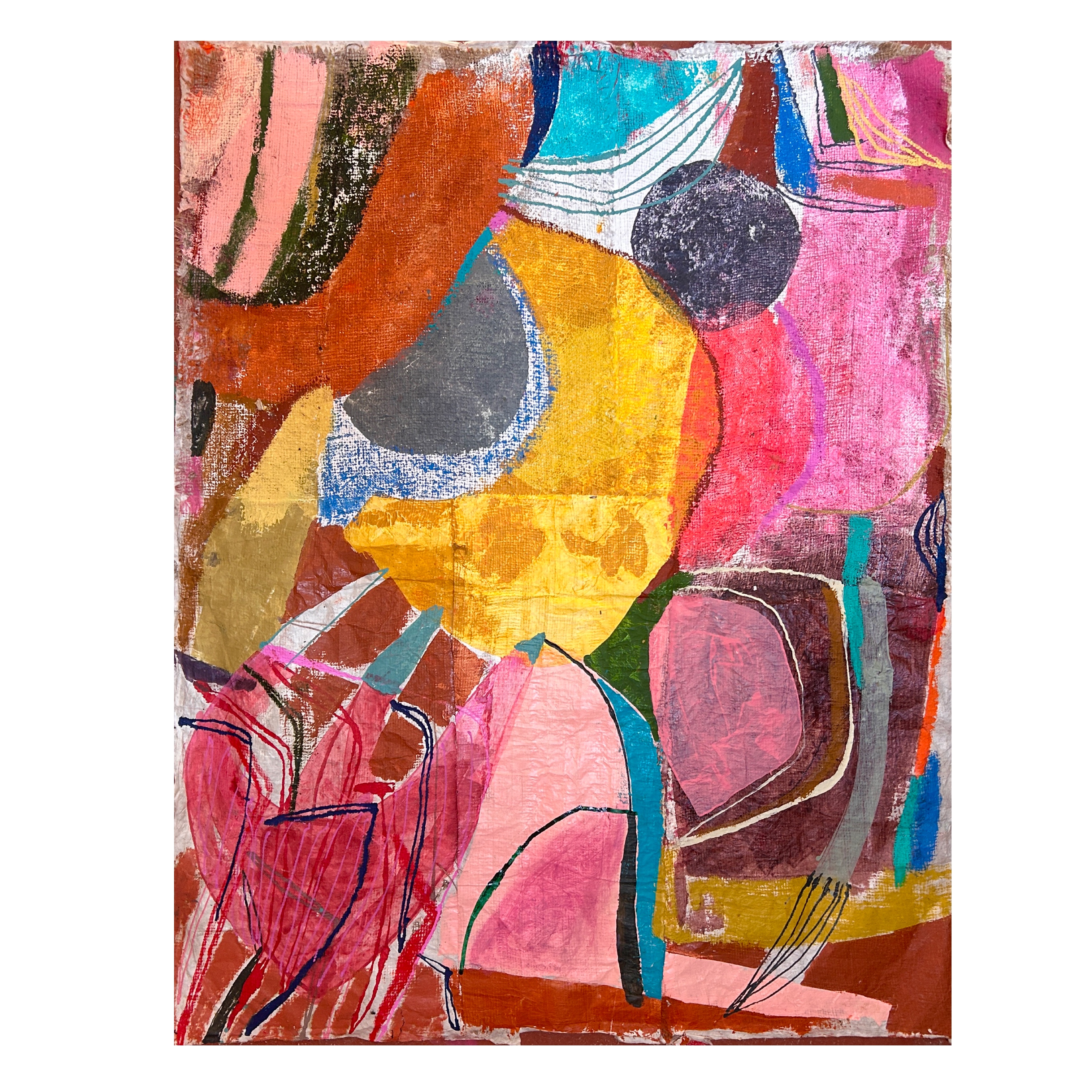 Dialogue - 104 x 138 cm - oil stick, oil and acrylic on collages gauze lined paper from India ( please note this painting is two sided) €1800
