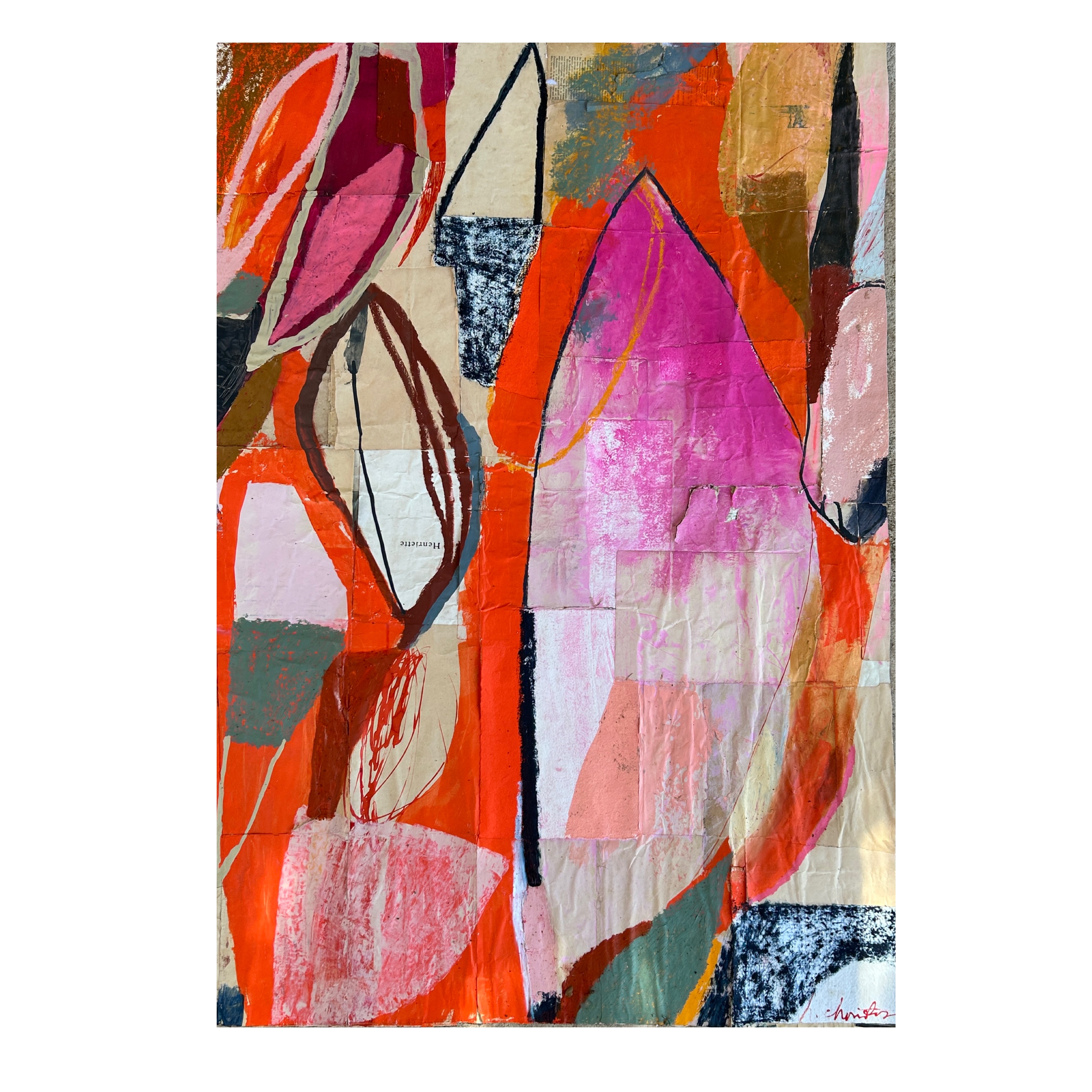 Magenta dream  2026 - cm - ink, oil pastel and acrylic on collaged antique book paper with linen backing €1000