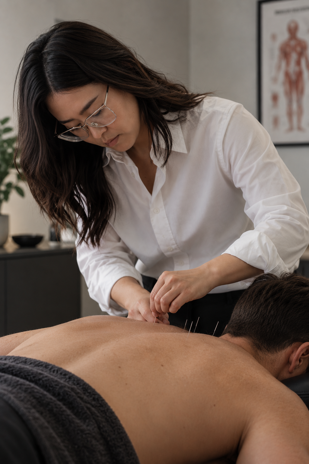 Close-up of acupuncture needles inserted into a patient's skin during treatment at a holistic clinic in Pittsburgh