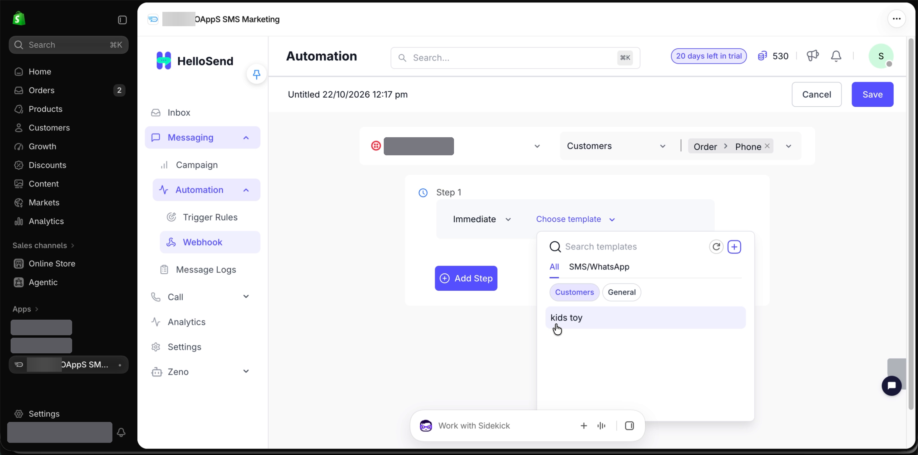 Automation webhook builder with the sender number, Customers module, Order > Phone condition and a template being chosen for Step 1.