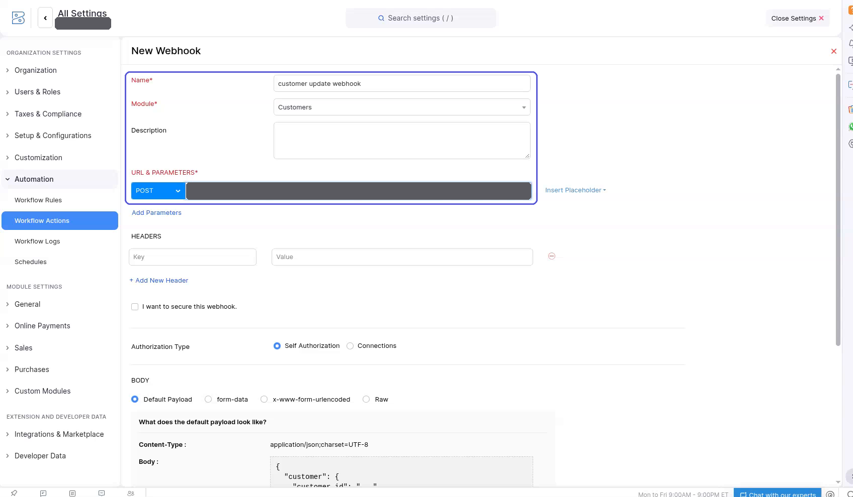 Zoho Books New Webhook form with Name, Module Customers and URL & PARAMETERS highlighted; the URL is masked in this screenshot (sample: https://example.com/...).