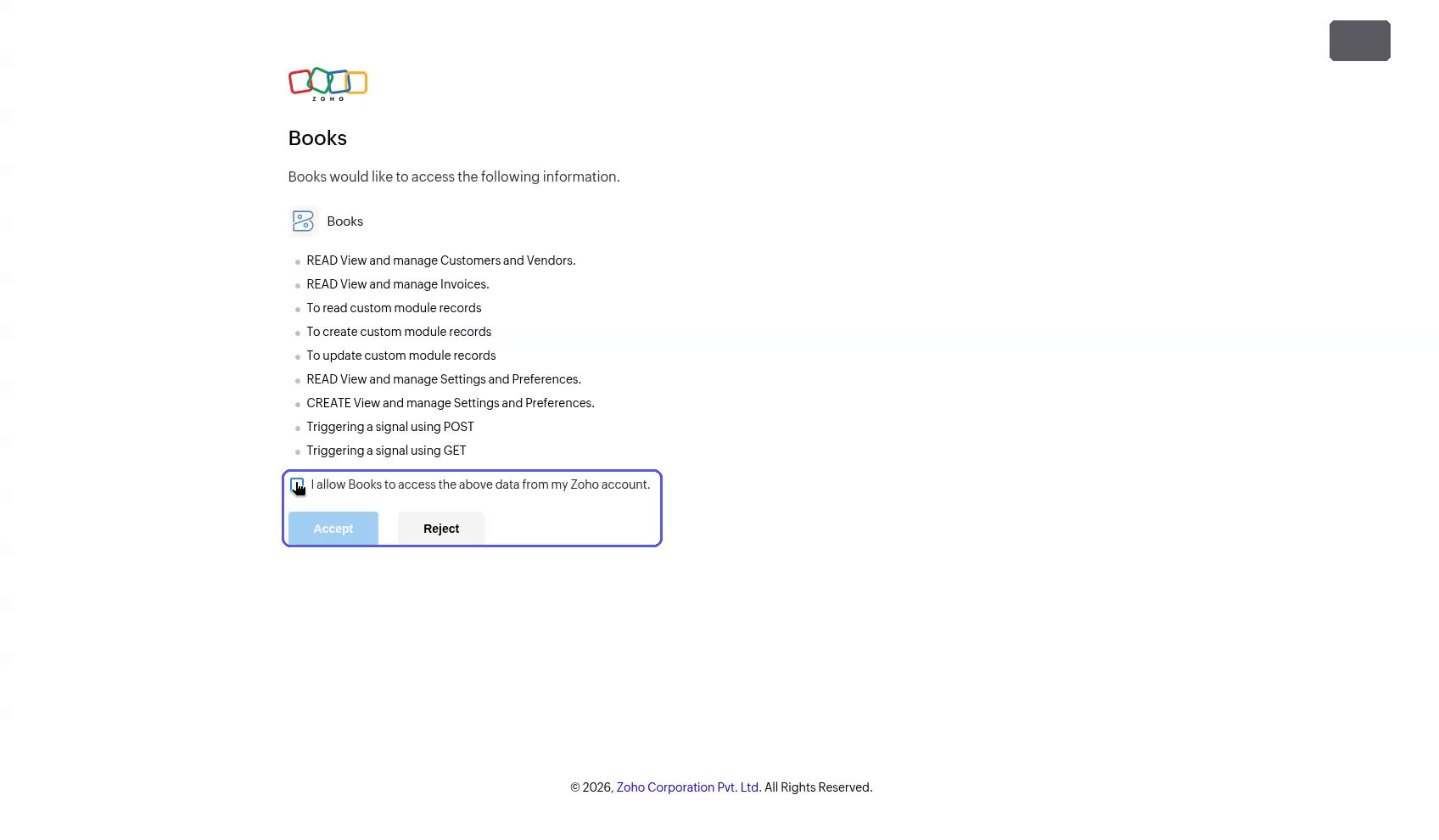 Zoho consent page listing Books permissions, with the allow checkbox and Accept button highlighted.