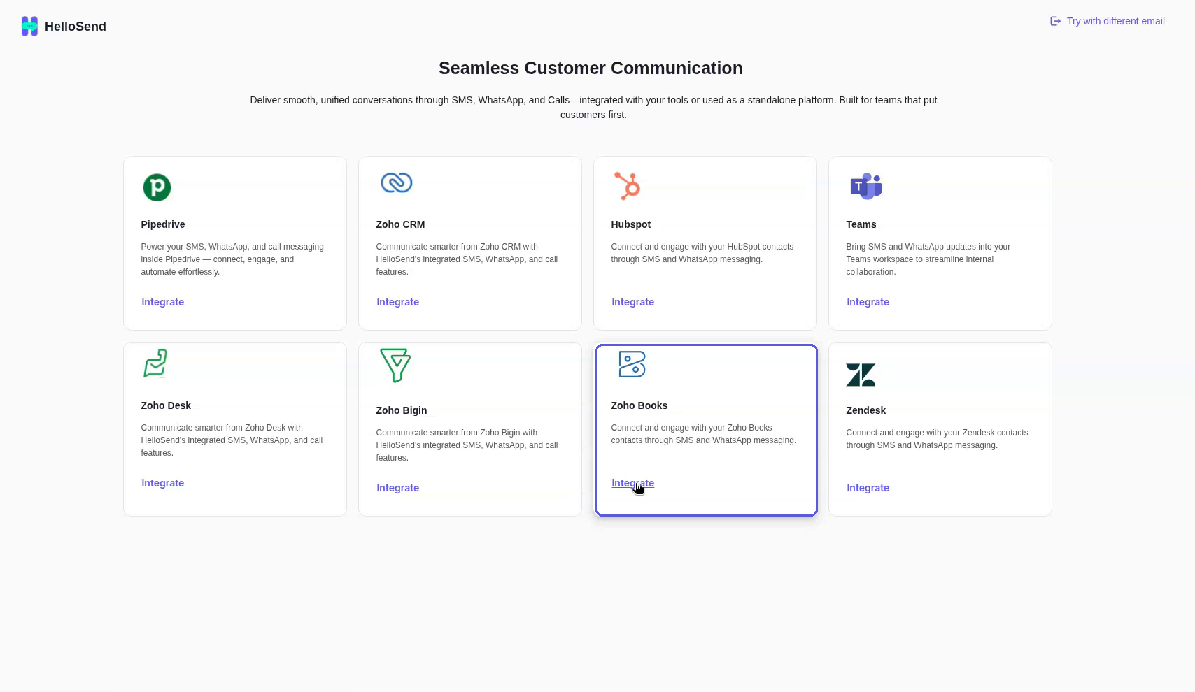 HelloSend integrations page with the Zoho Books tile highlighted and the Integrate link.