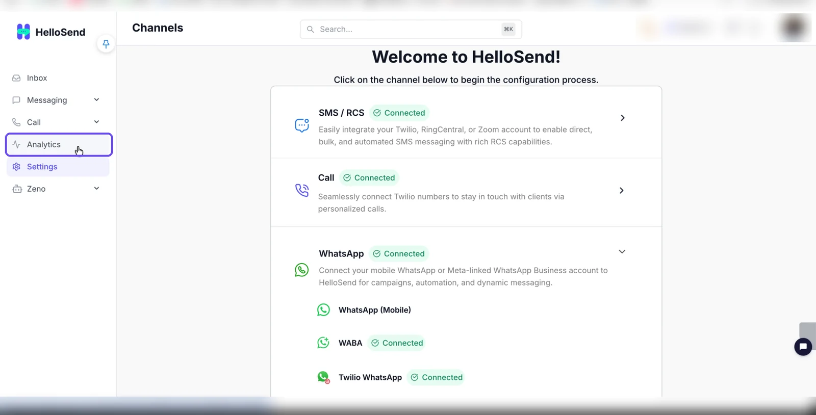 HelloSend left menu with the Analytics option highlighted on the Channels page