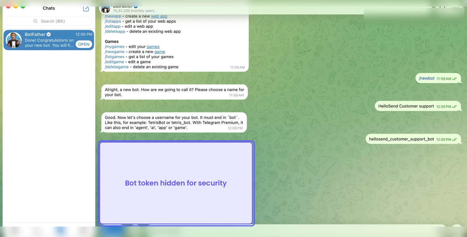 BotFather chat in Telegram with the Done message highlighted and the bot token hidden for security