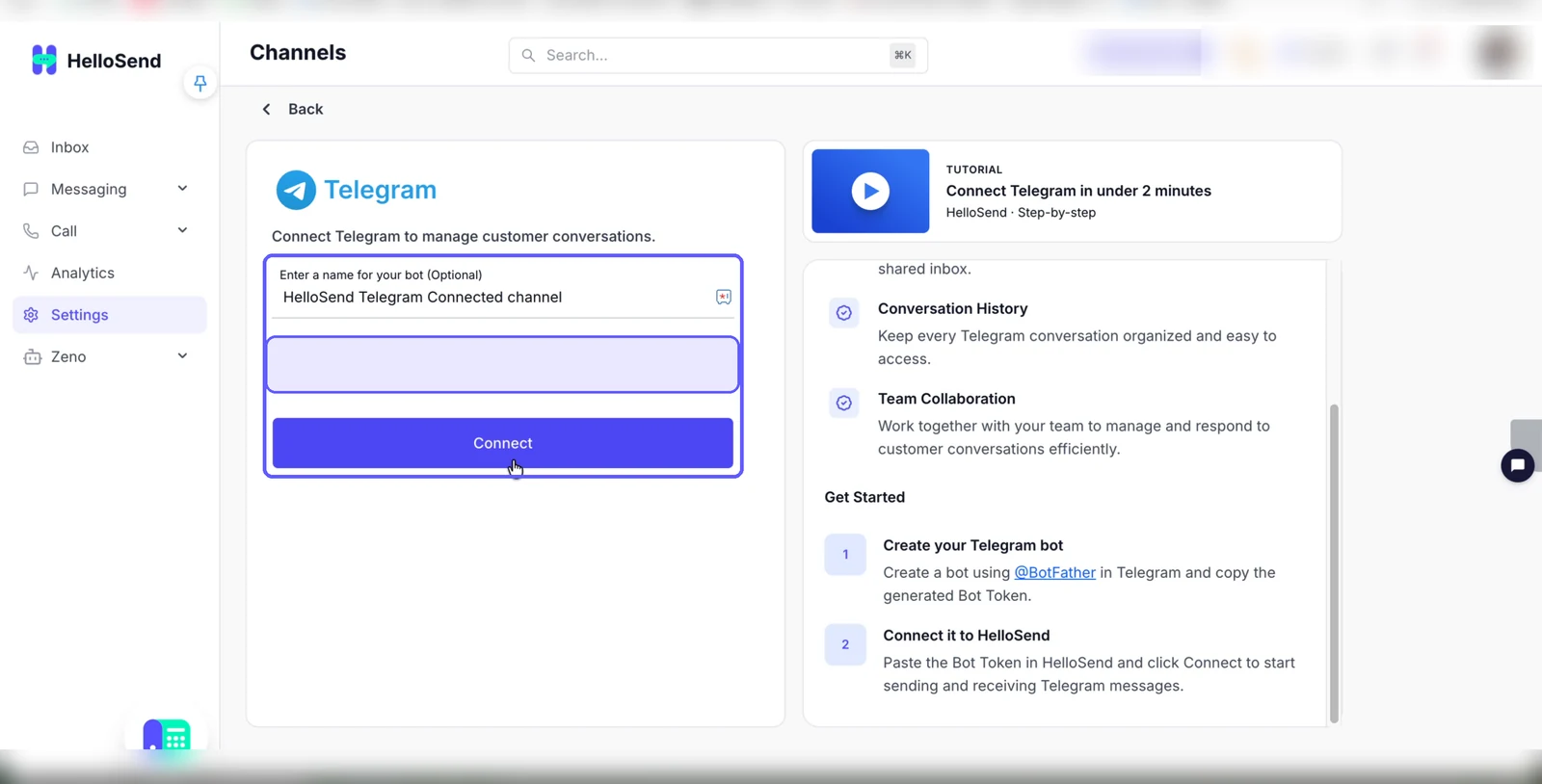 HelloSend Telegram page with the bot name, the bot token field (hidden), and the Connect button highlighted