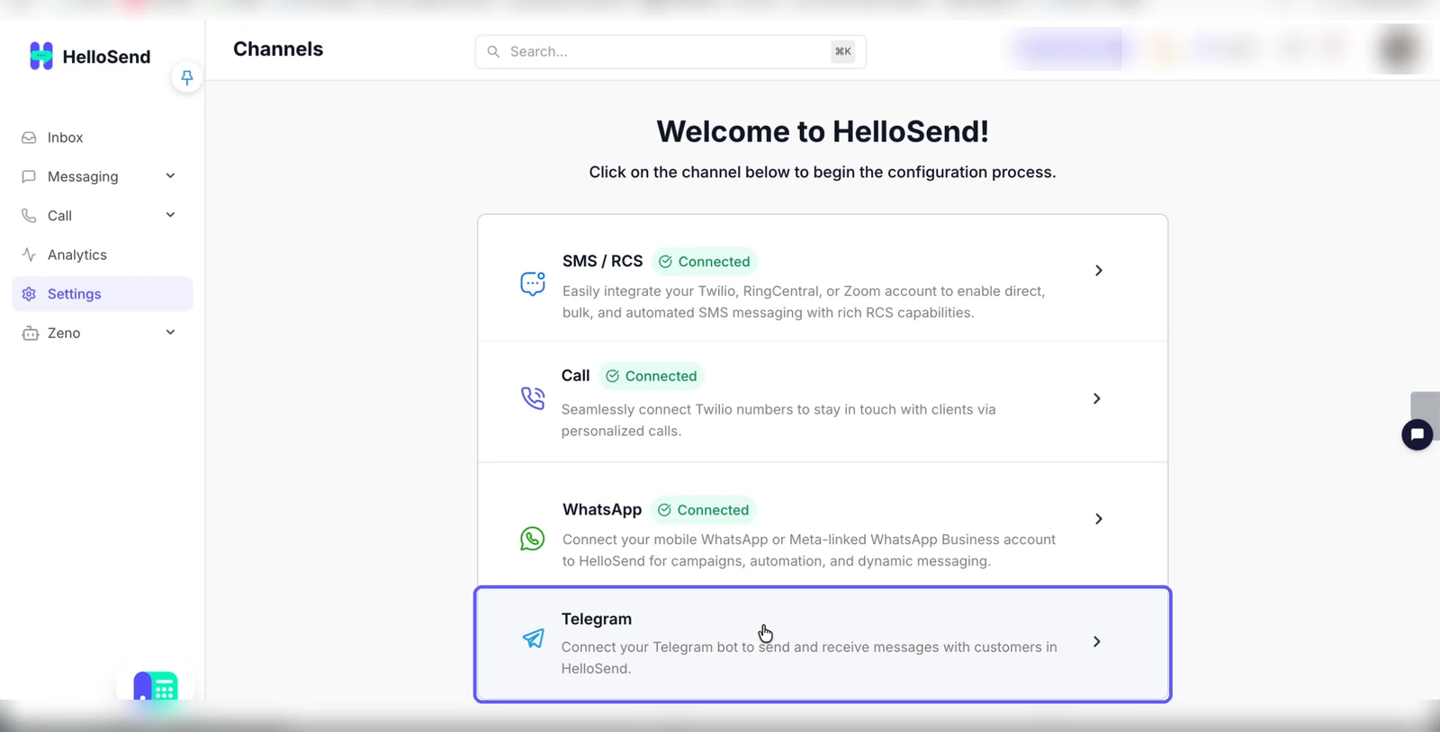 HelloSend Channels page with the Telegram channel highlighted