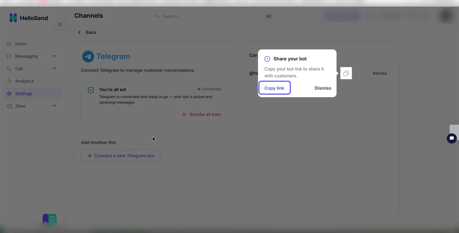 Telegram page showing the Connected status and the Share your bot popup with the Copy link option highlighted