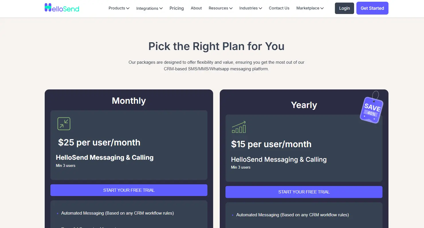 hellosend pricing page