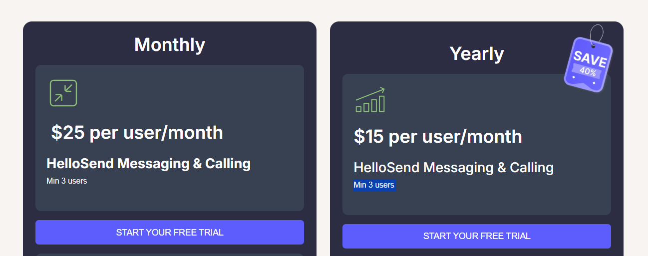 an image showing HelloSend’s monthly and yearly pricing plans