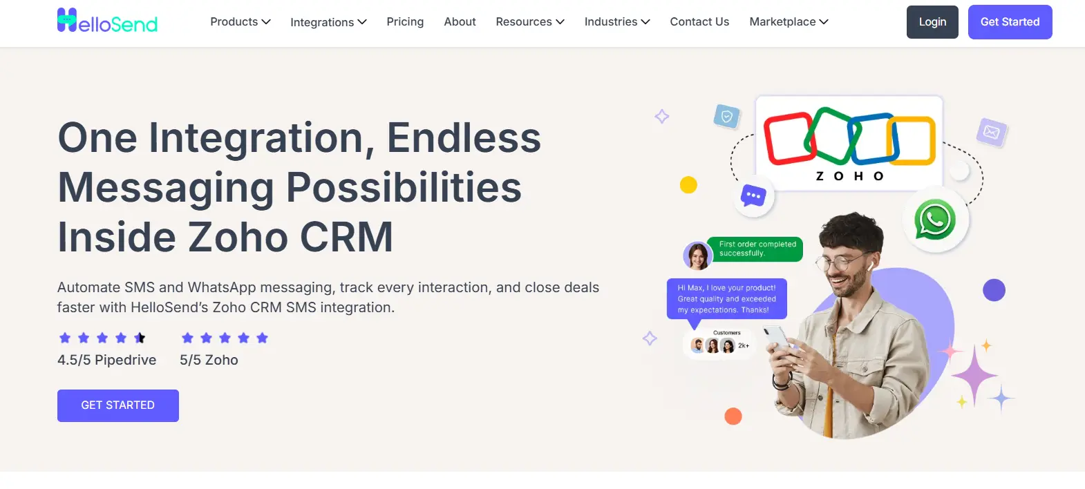an image showing hellosend zoho crm page details